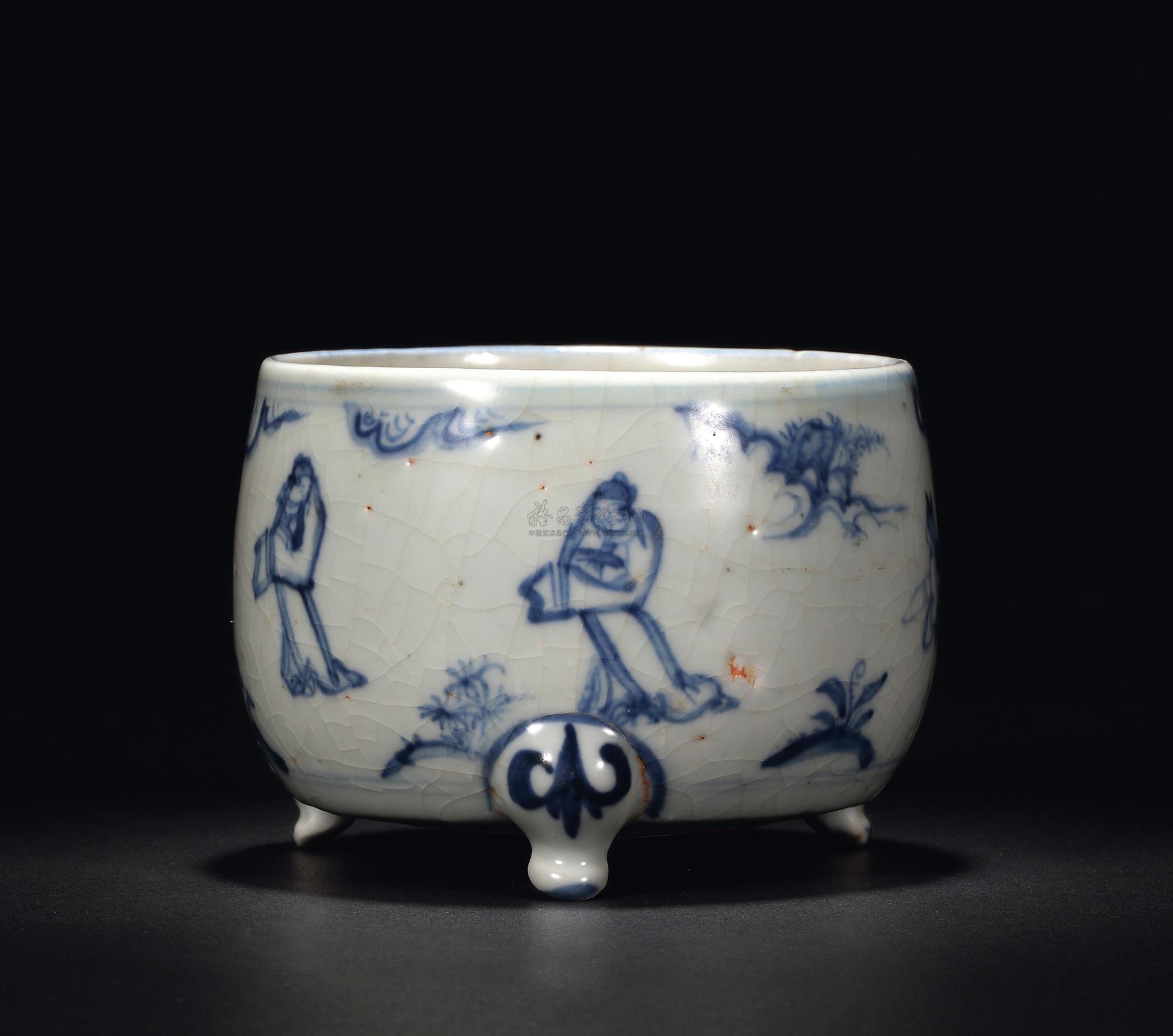 【明中期 青花高士纹三足香炉】拍卖品_图片_价格_鉴赏_明代青花瓷器
