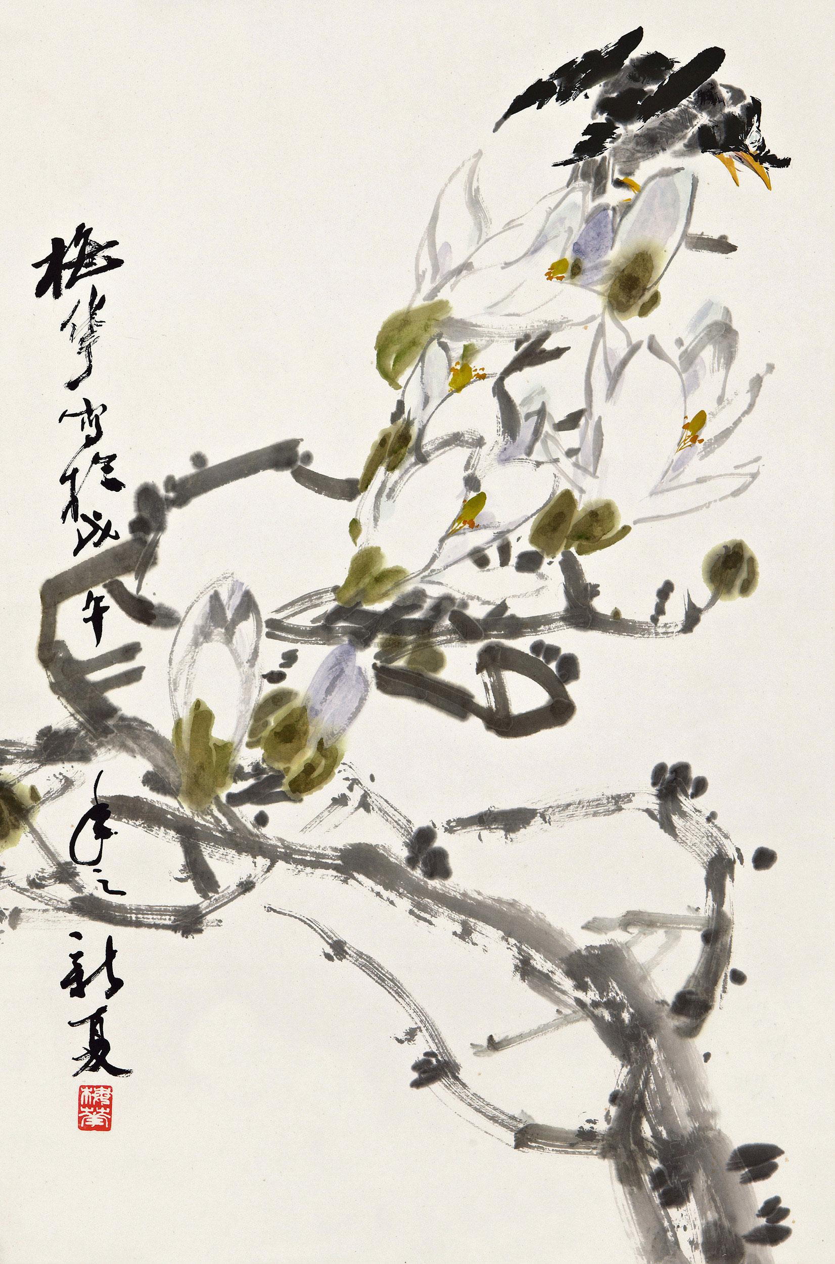 0522玉兰鸣春图立轴设色纸本