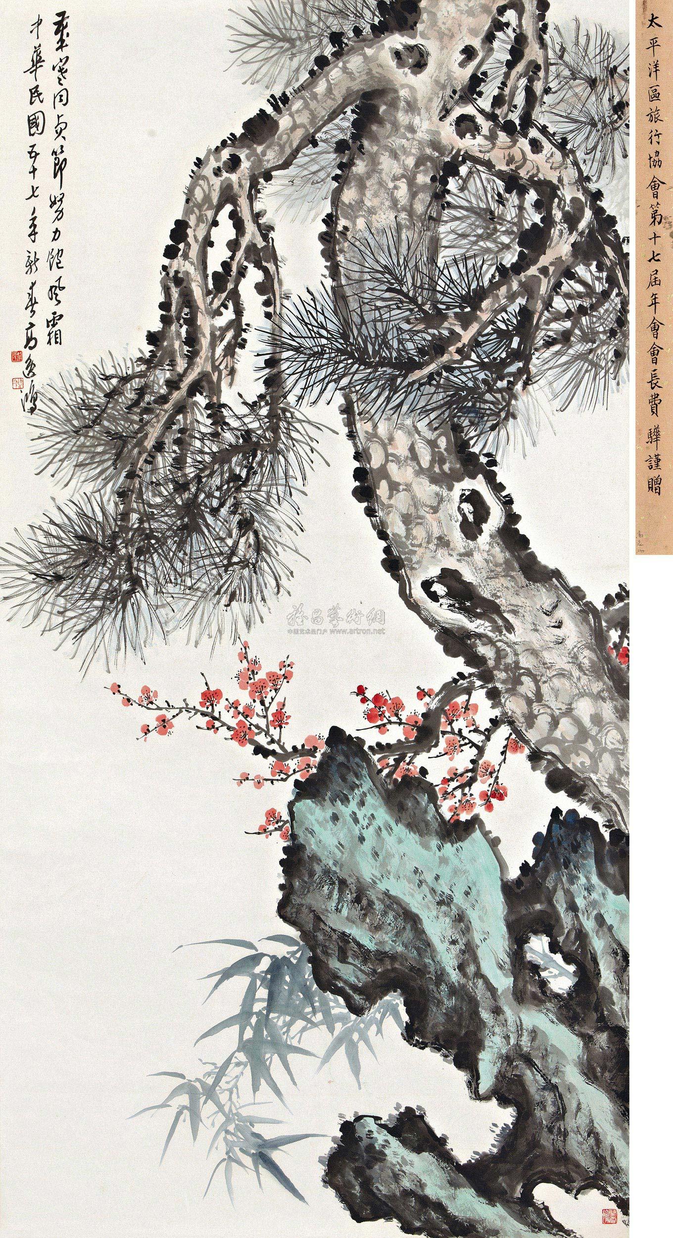 0595岁寒三友图立轴设色纸本