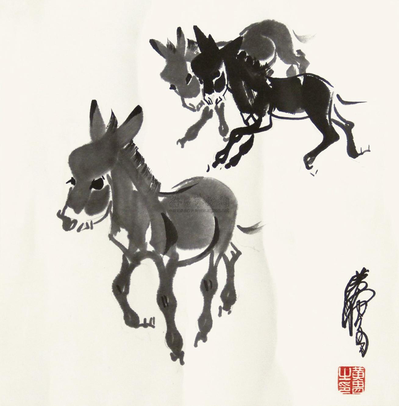 0199三驴图镜片水墨纸本