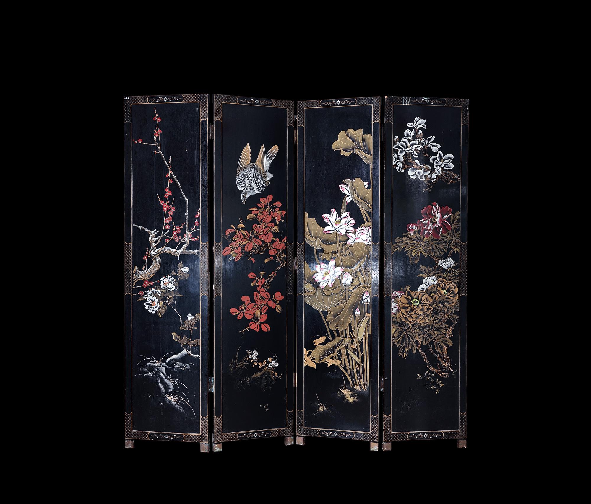 0289漆木手绘花卉屏风