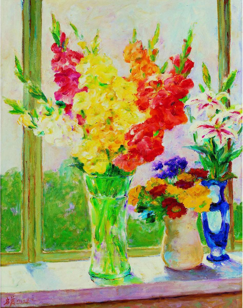 17712004年作窗台上的瓶花布面油画