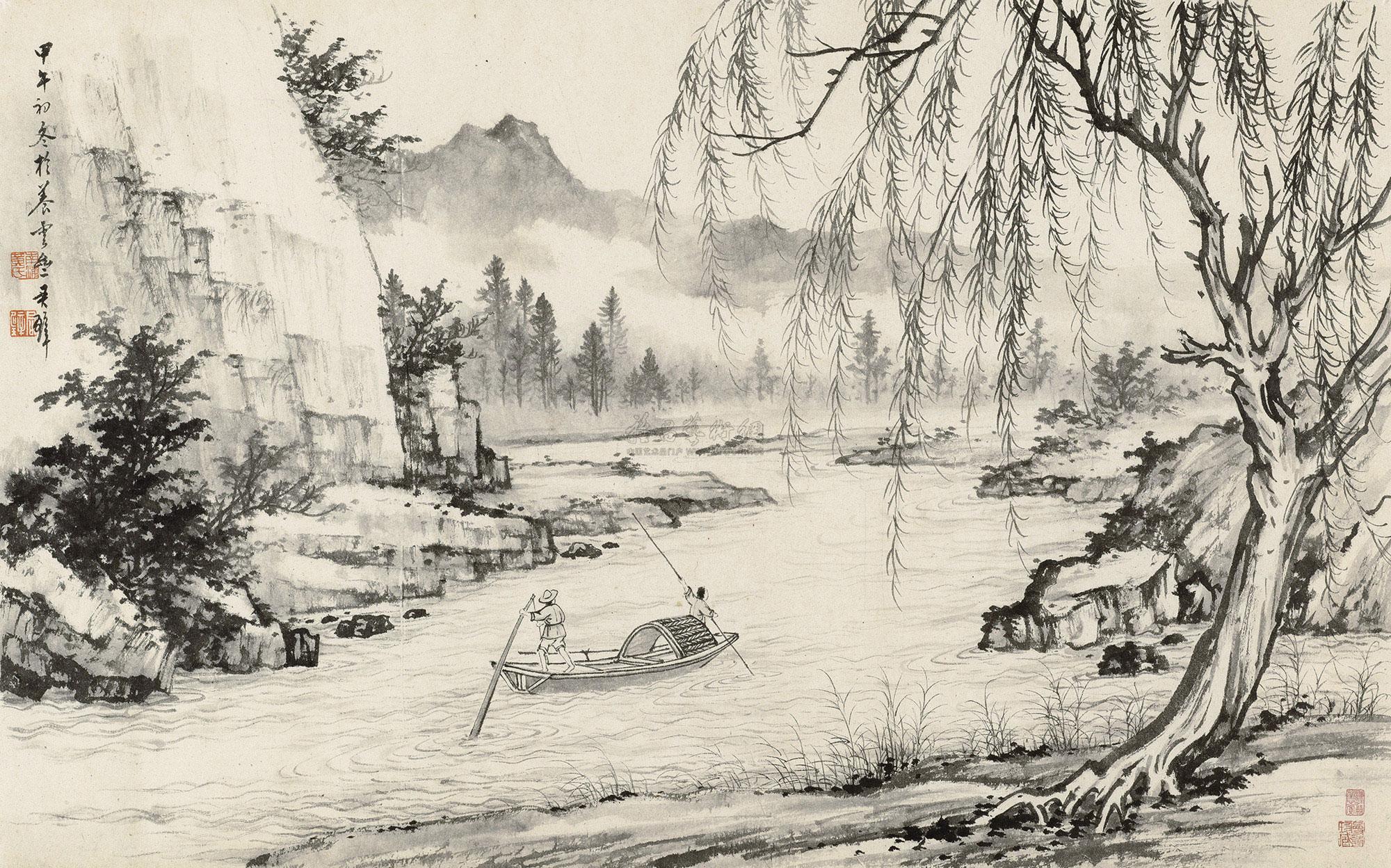 0069甲午1954年作柳溪泛舟镜心水墨纸本