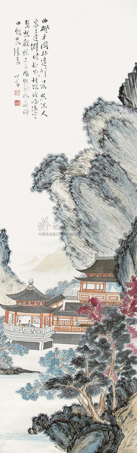 0164亭台楼阁立轴设色纸本