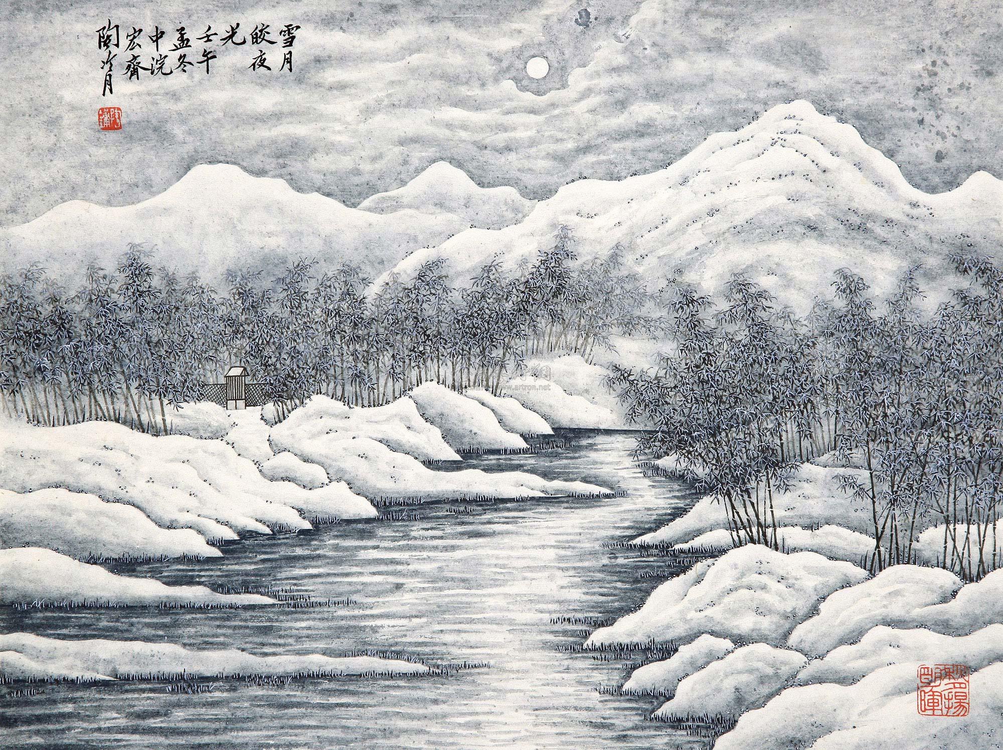 西湖雪景国画图片