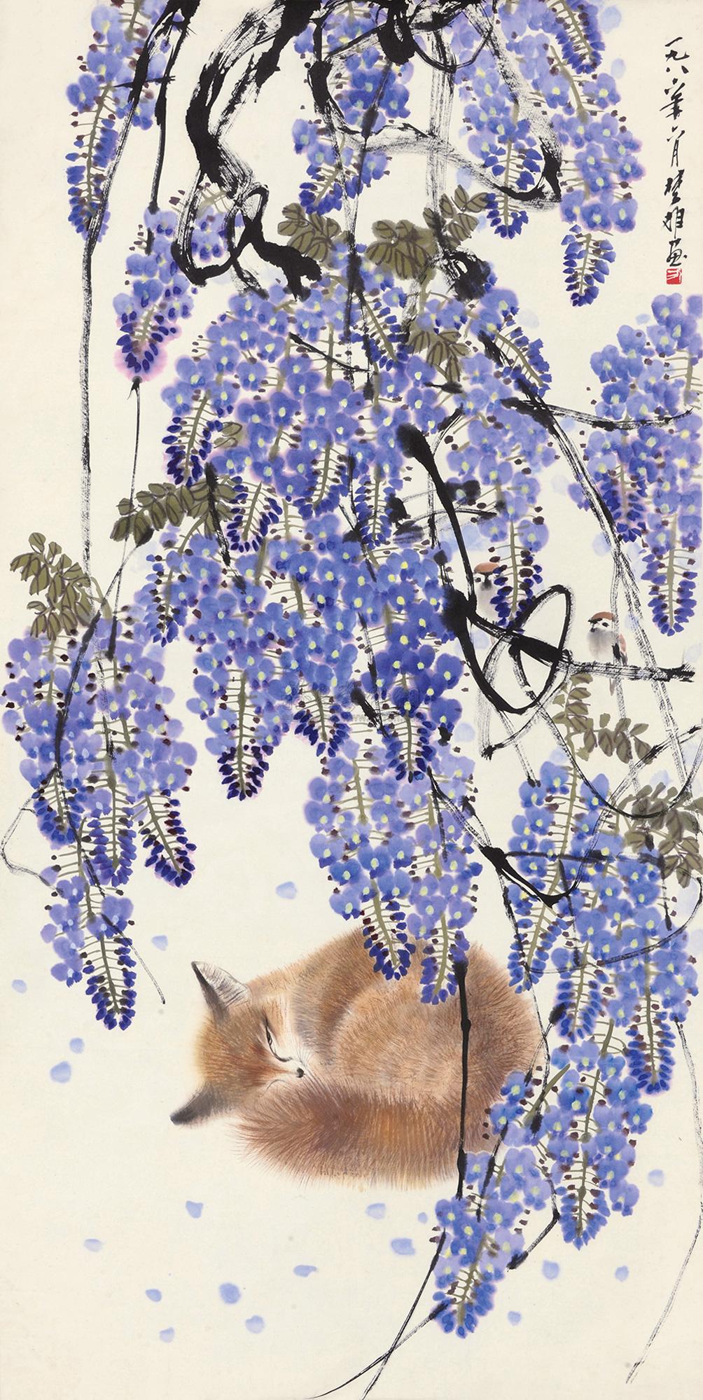 3066紫藤狐狸立轴设色纸本