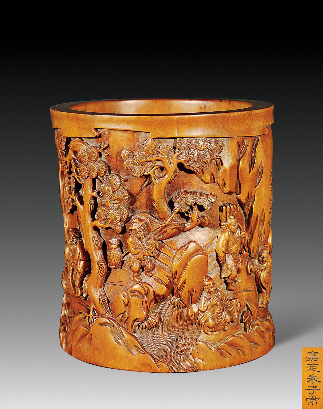 0081清末朱子常黄杨木雕渔樵耕读笔筒