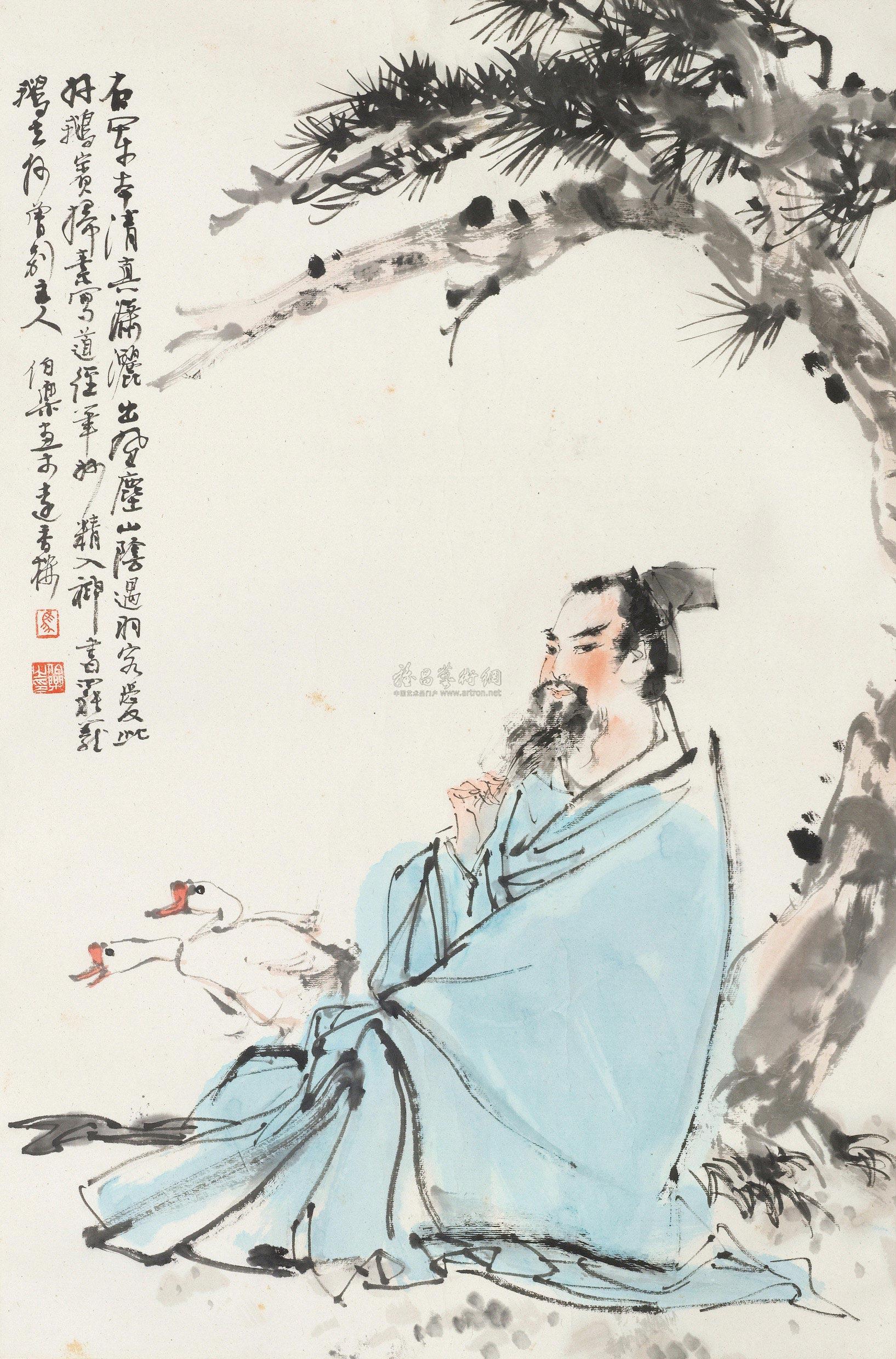 0043右军爱鹅镜片设色纸本