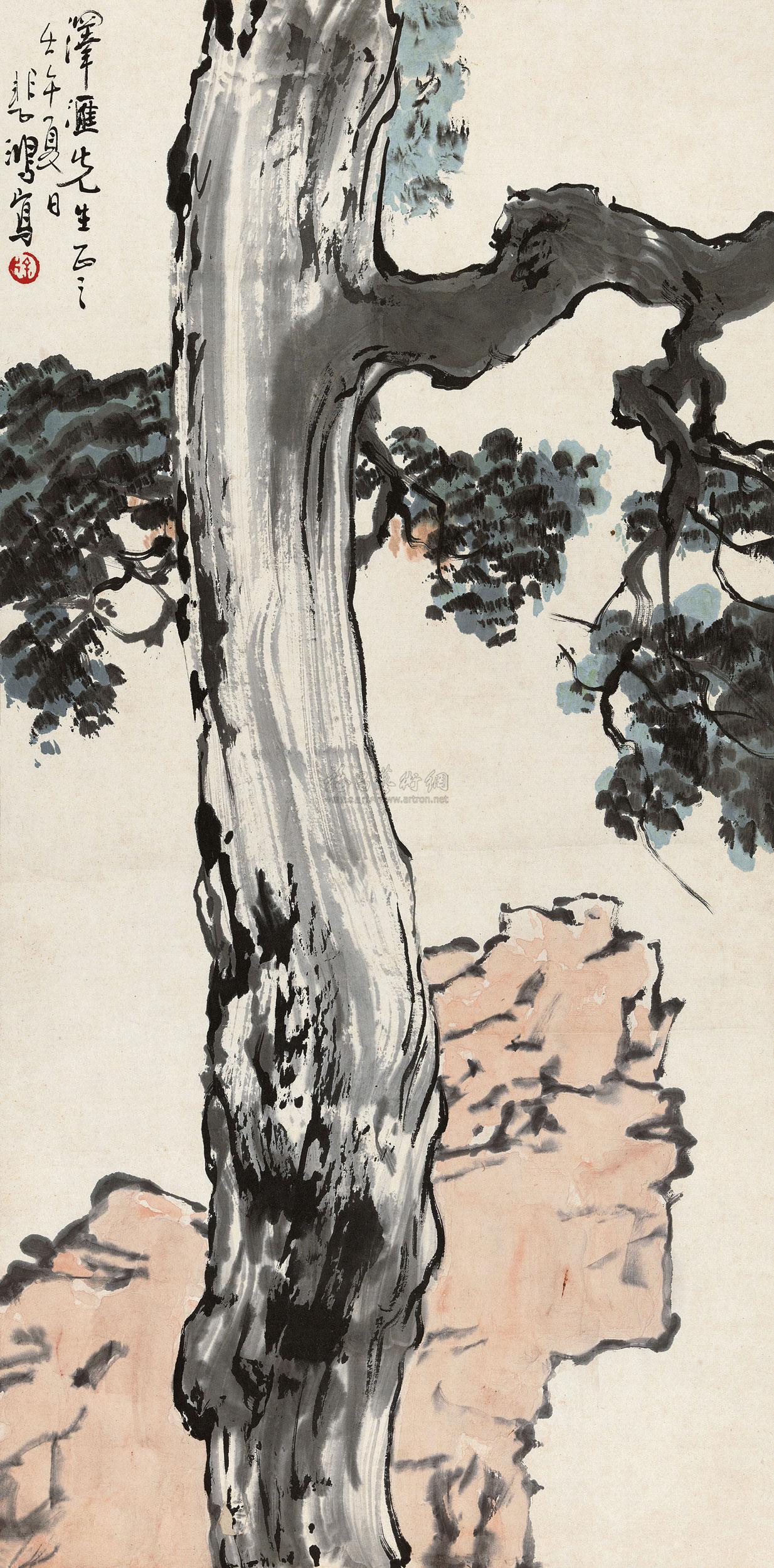0674壬午1942年作古柏立轴设色纸本