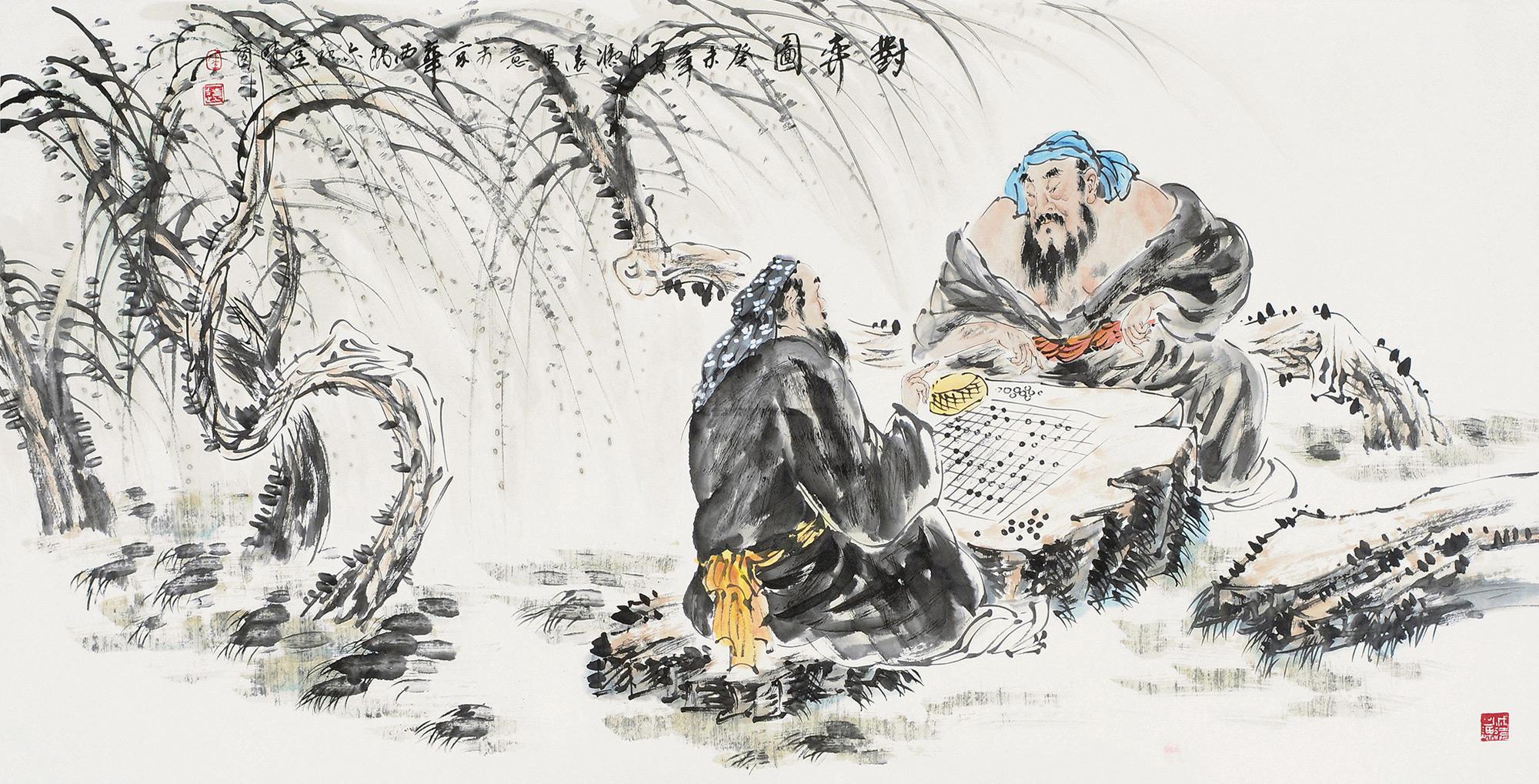 0123 对弈图 镜片 设色纸本