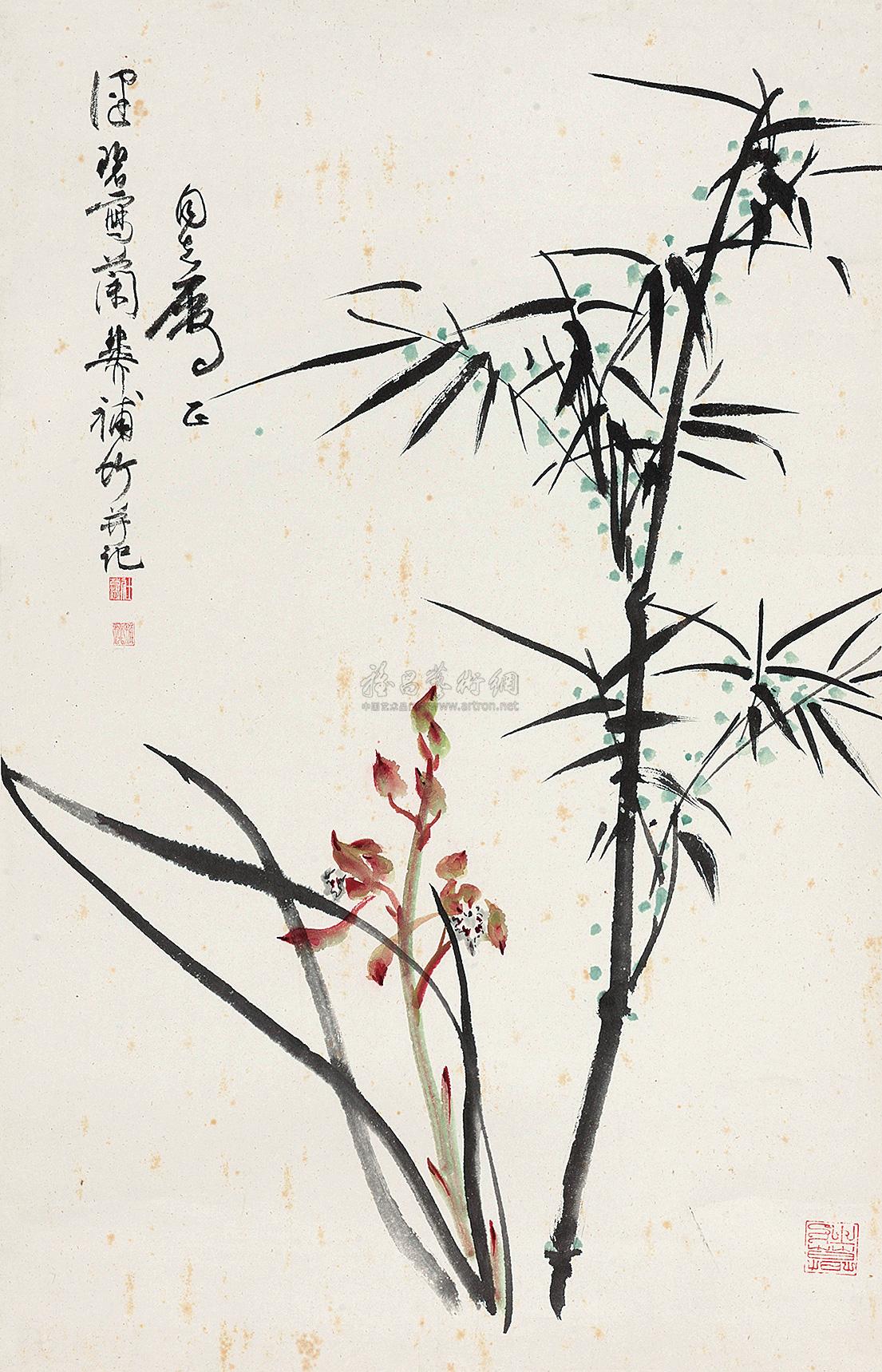 3651 兰竹双清 立轴 设色纸本