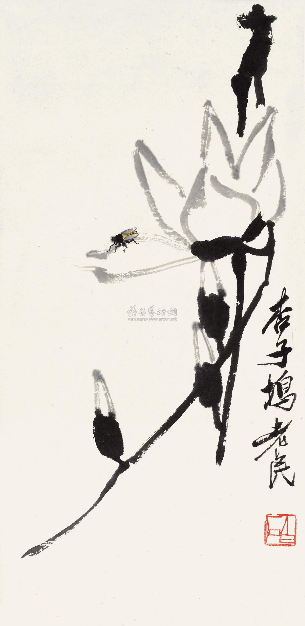 3689玉兰草虫镜心设色纸本