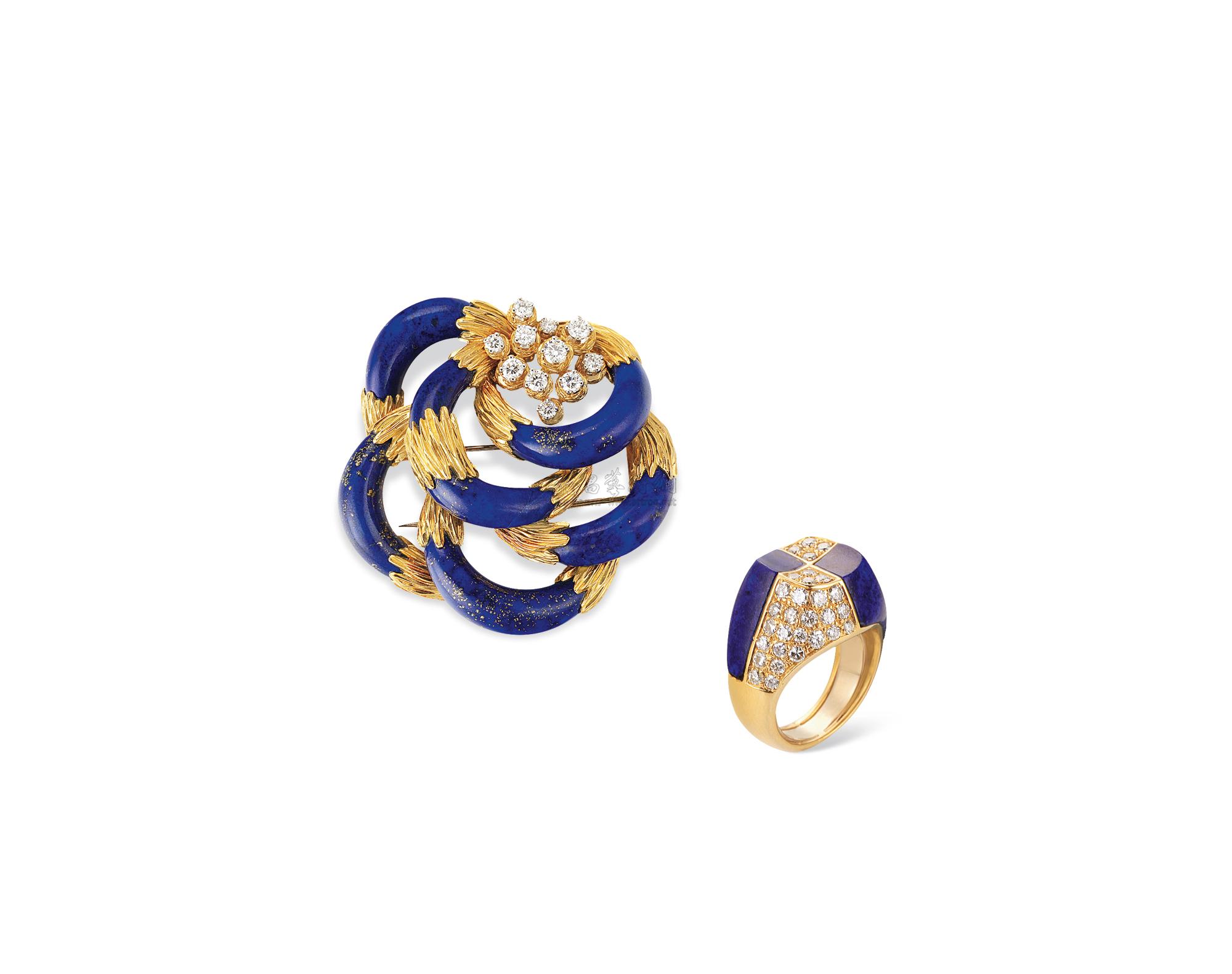 4841fred18k黄金镶嵌天然青金石胸针及戒指套装