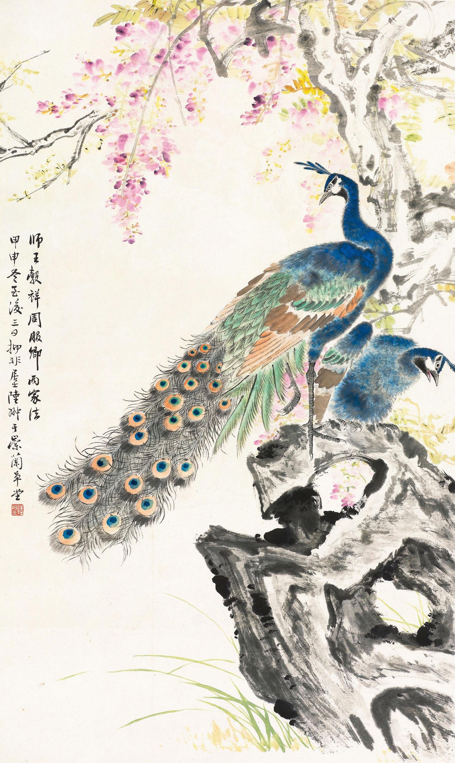 0103孔雀立轴设色纸本
