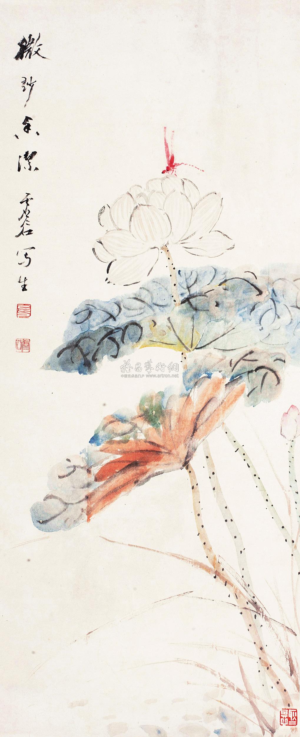 1036荷花立轴设色纸本