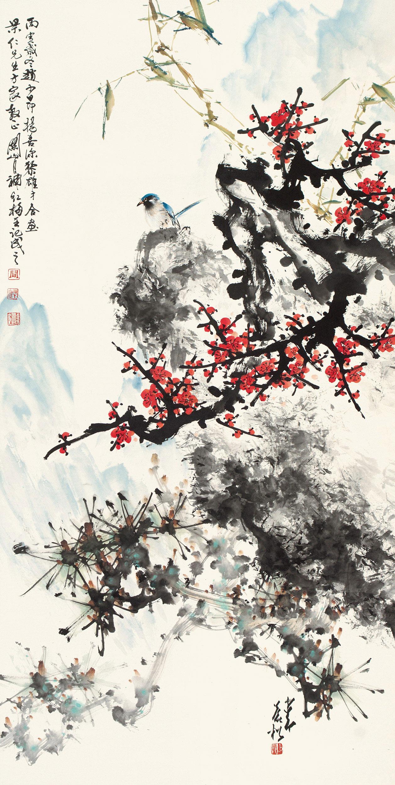 0453丙寅1986年作岁寒三友图镜心纸本