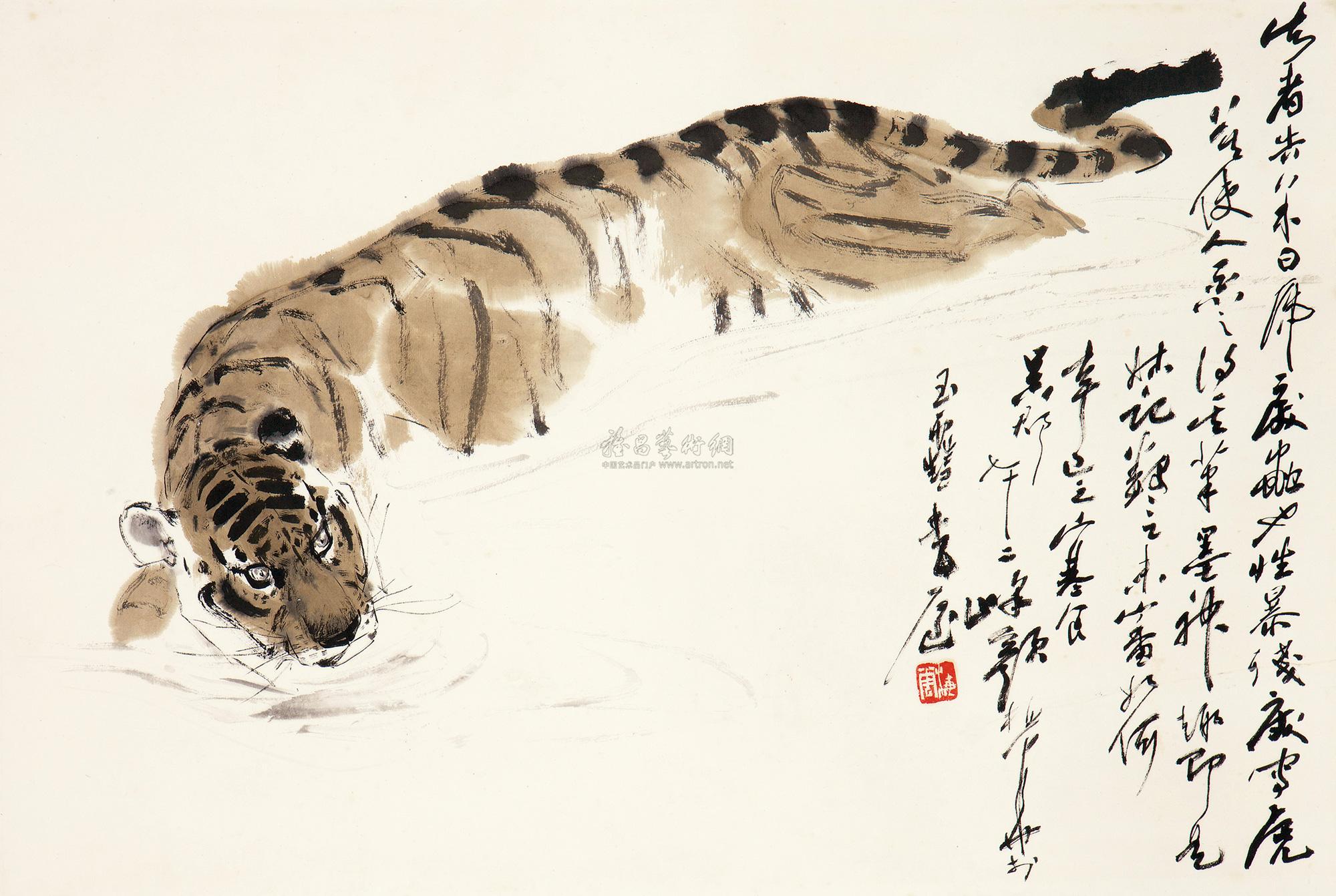 【己巳(1989年)作 浴虎图 立轴 纸本】拍卖品_图片_价格_鉴赏_绘画