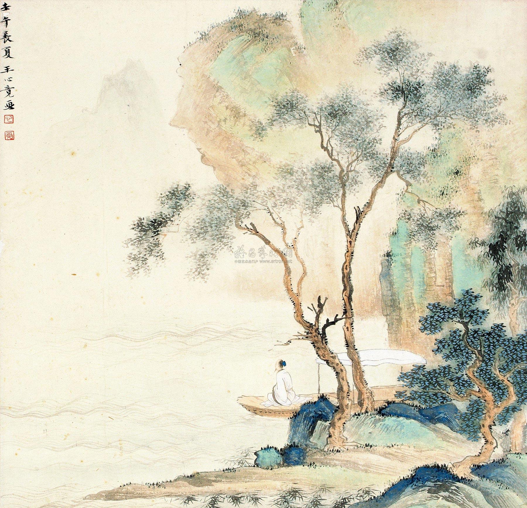 0875壬午1942年作泊舟吟诗图立轴纸本