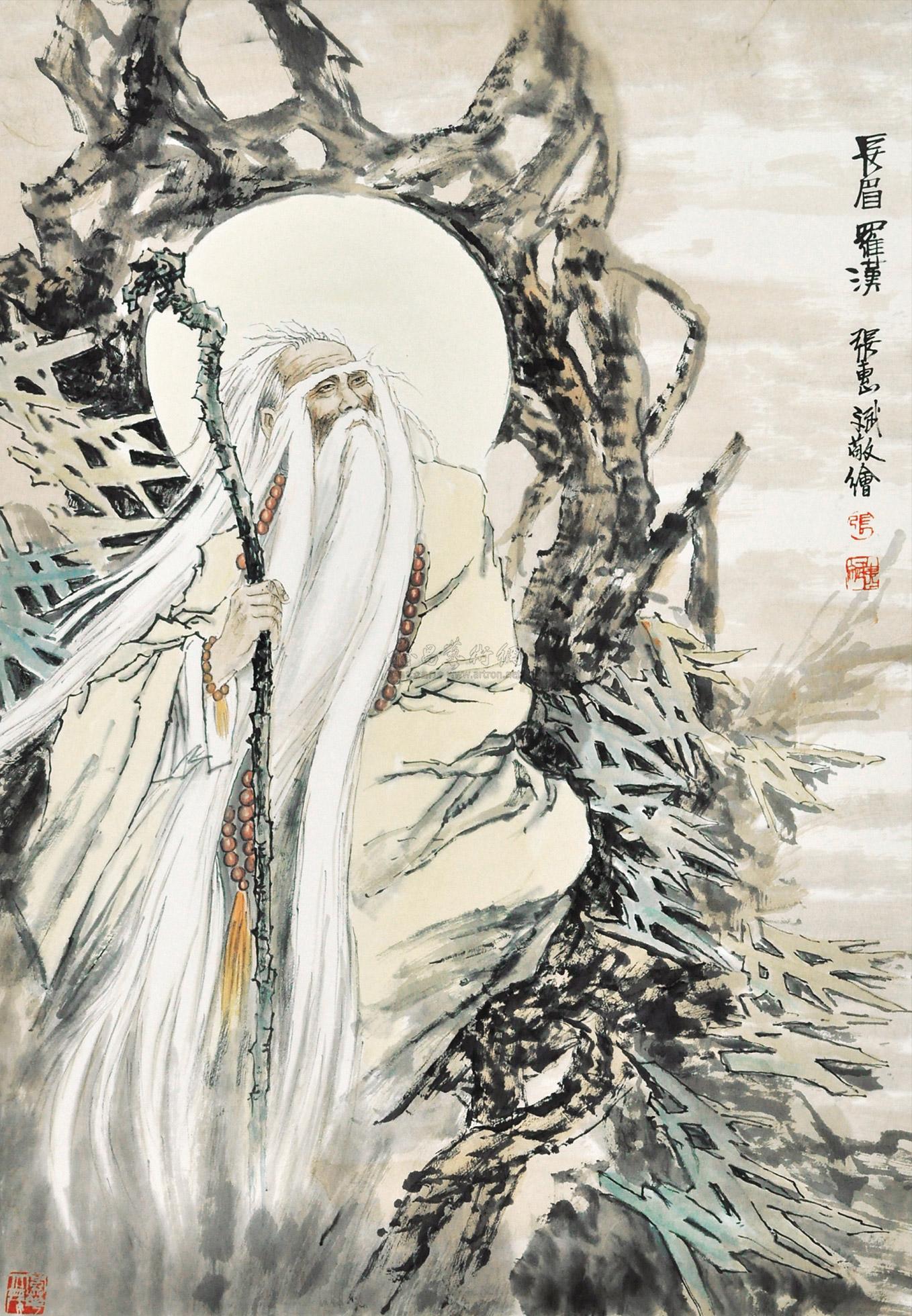 0069长眉罗汉立轴设色纸本