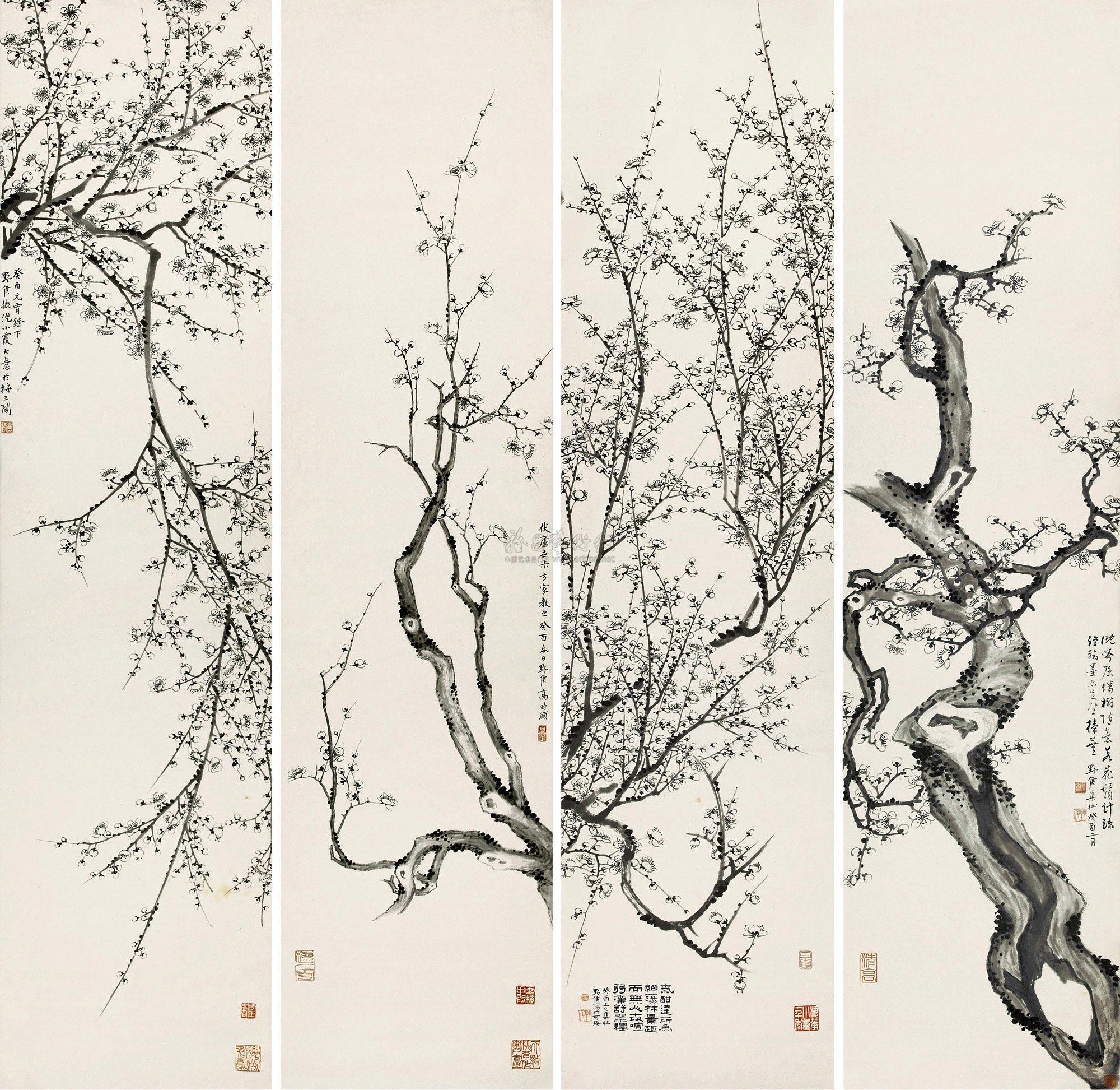 0093 梅花图 四屏 墨色纸本