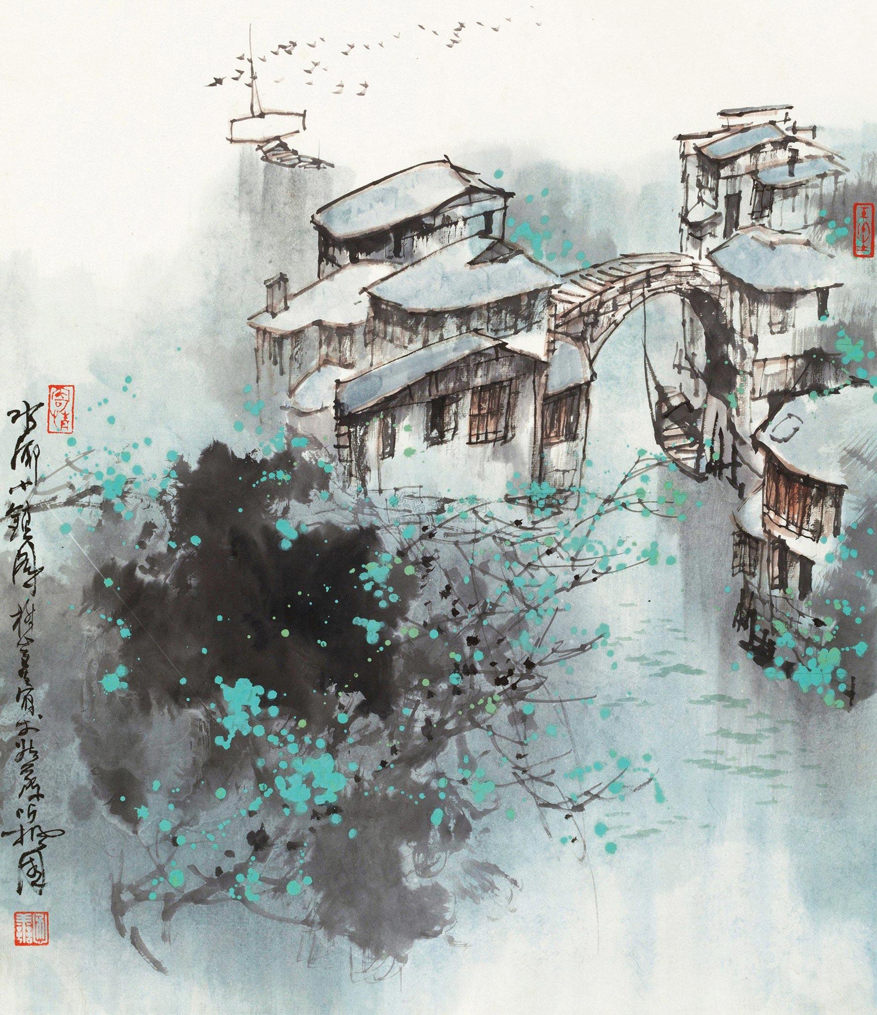 【山乡小镇 立轴 设色纸本】拍卖品_图片_价格_鉴赏_绘画_雅昌艺术品