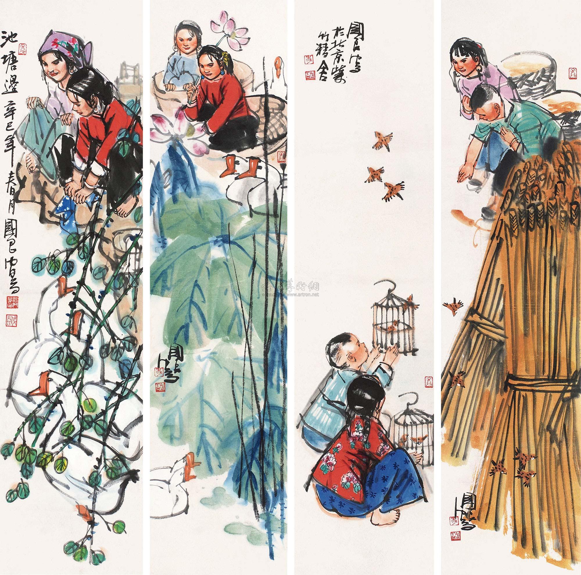 00712001年作人物四季屏镜片设色纸本