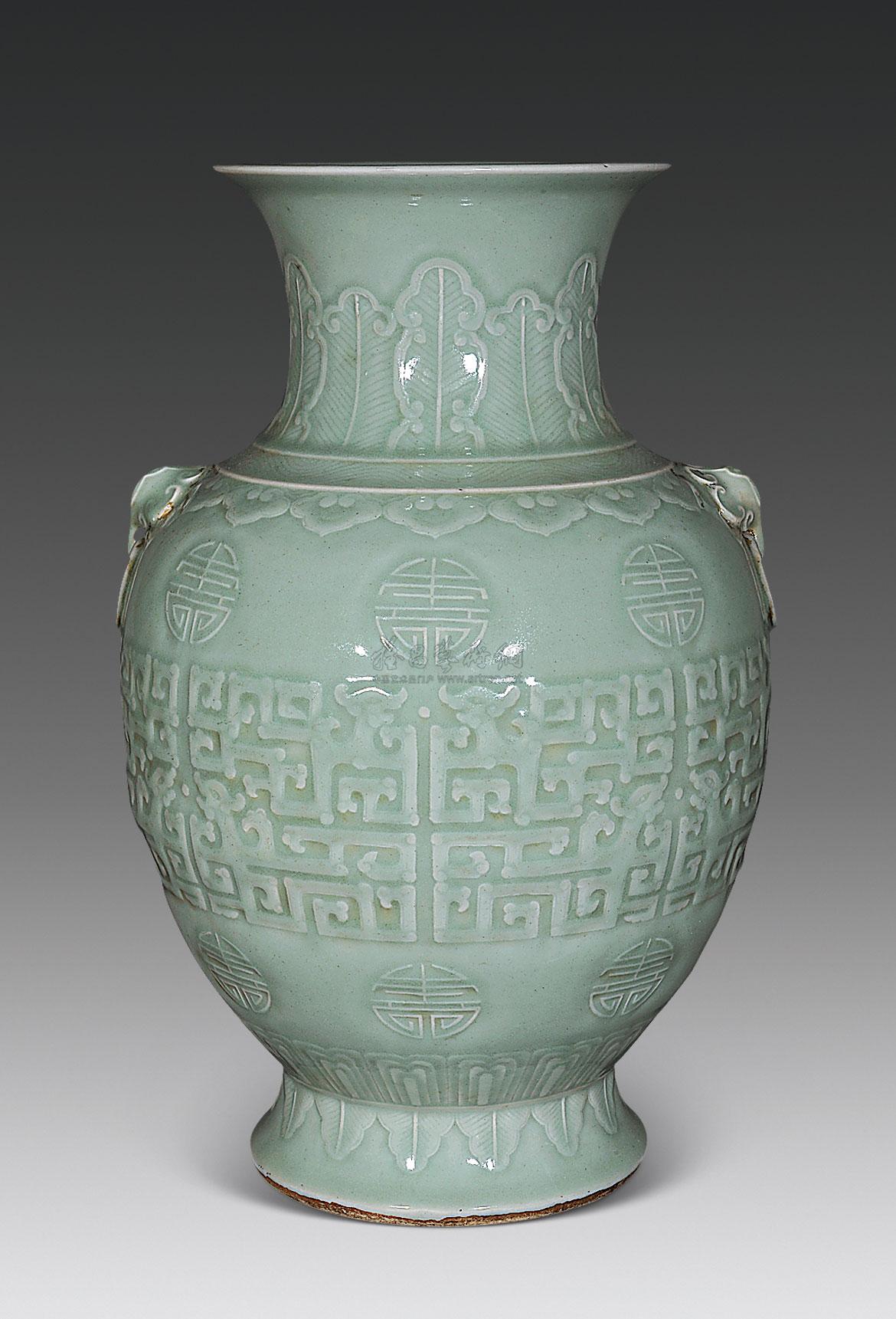 【清中期 青釉螭龙纹铺首瓶】拍卖品_图片_价格_鉴赏_清代单色釉瓷器