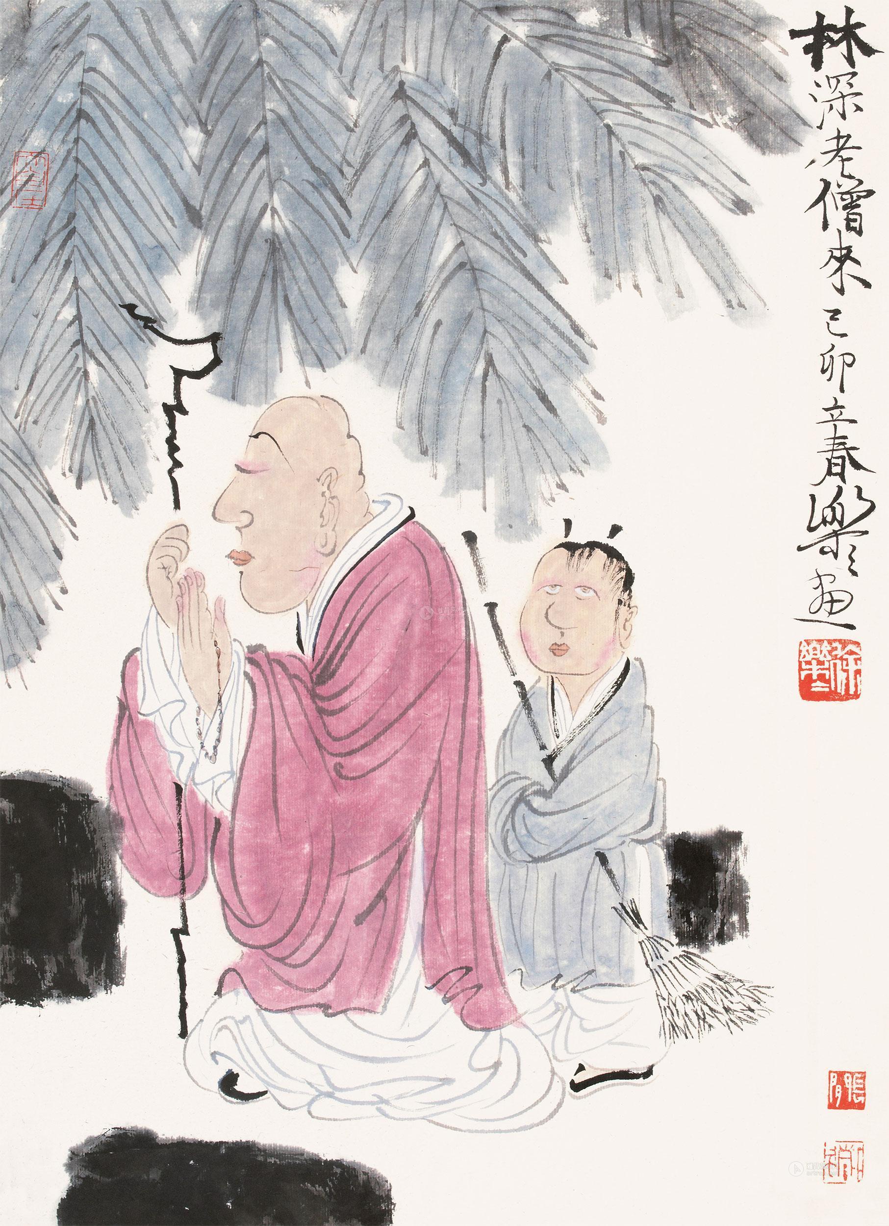 01081999年作林深老僧来镜心设色纸本