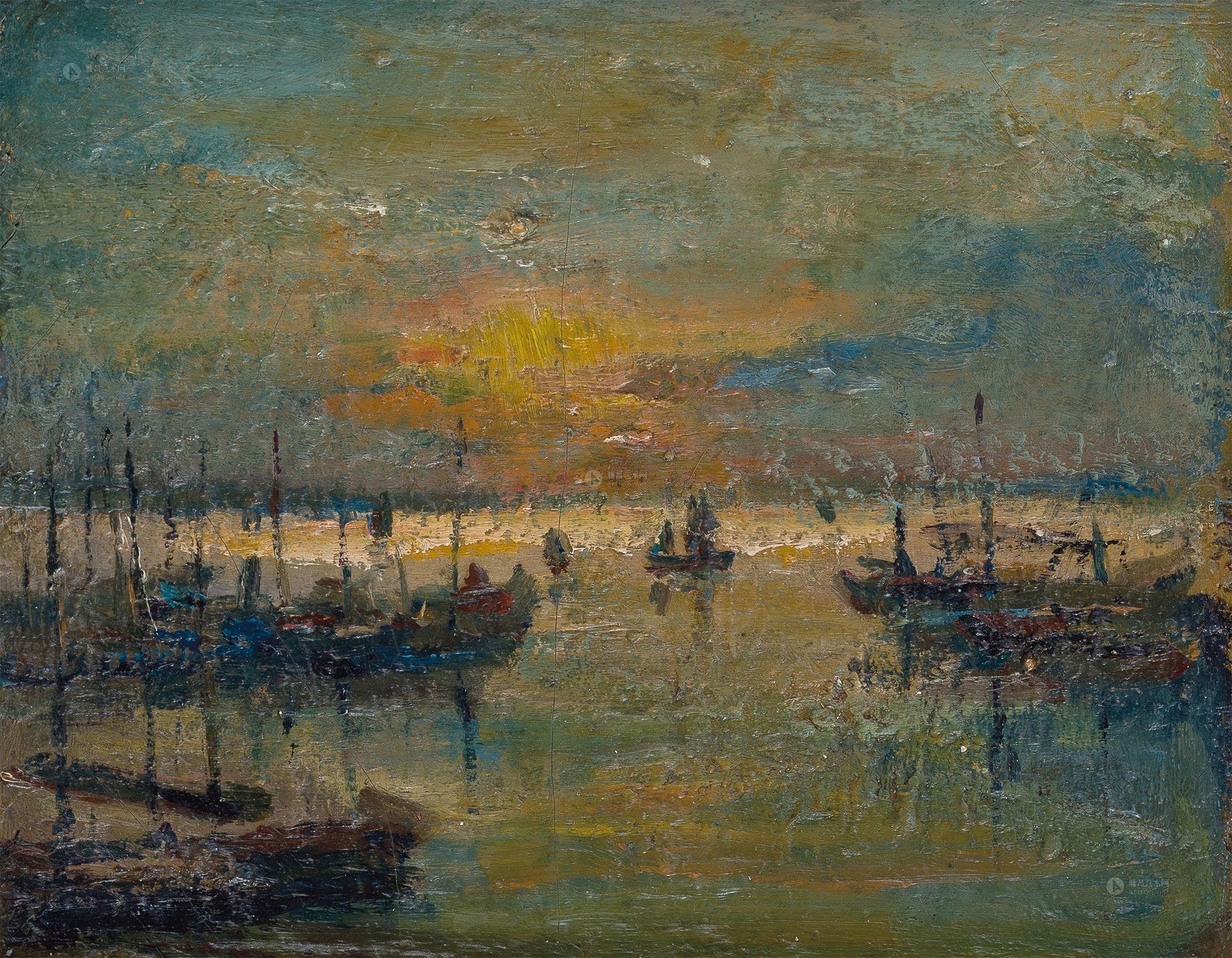 3324 1954年作 晚霞船影 布面油画