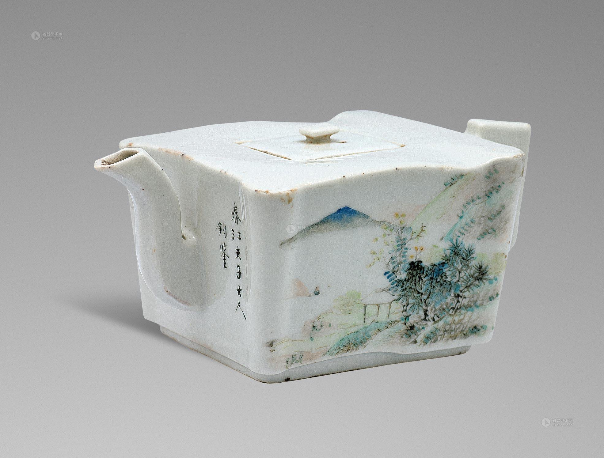 0025清传任焕章浅绛四方壶