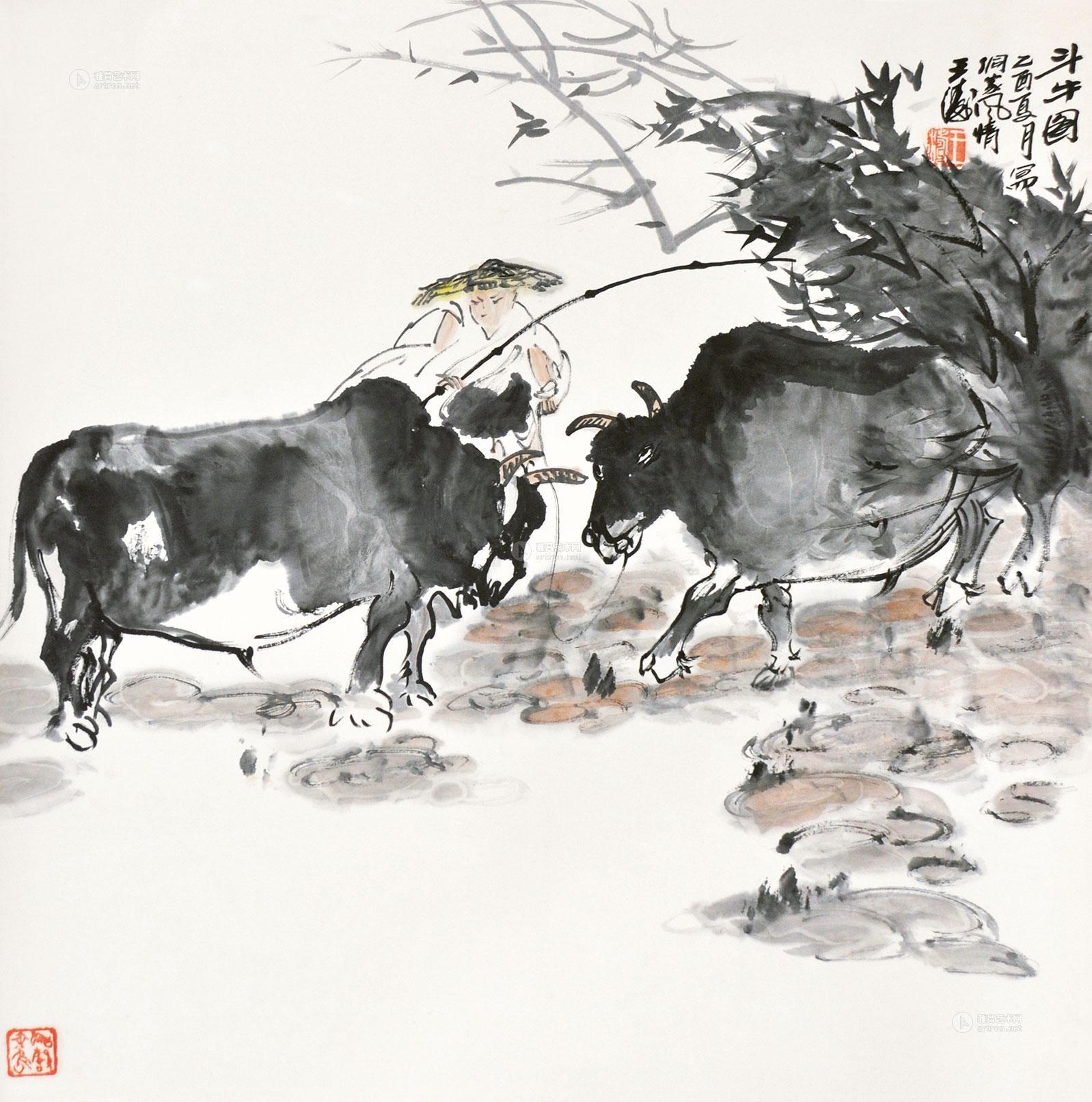 0716斗牛图立轴设色纸本