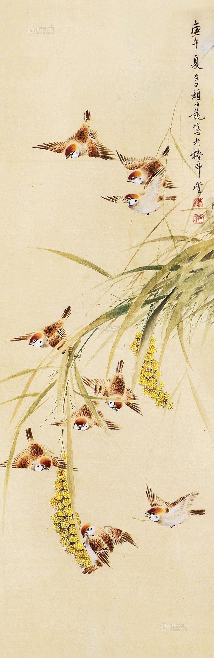 0028谷穗麻雀镜框纸本