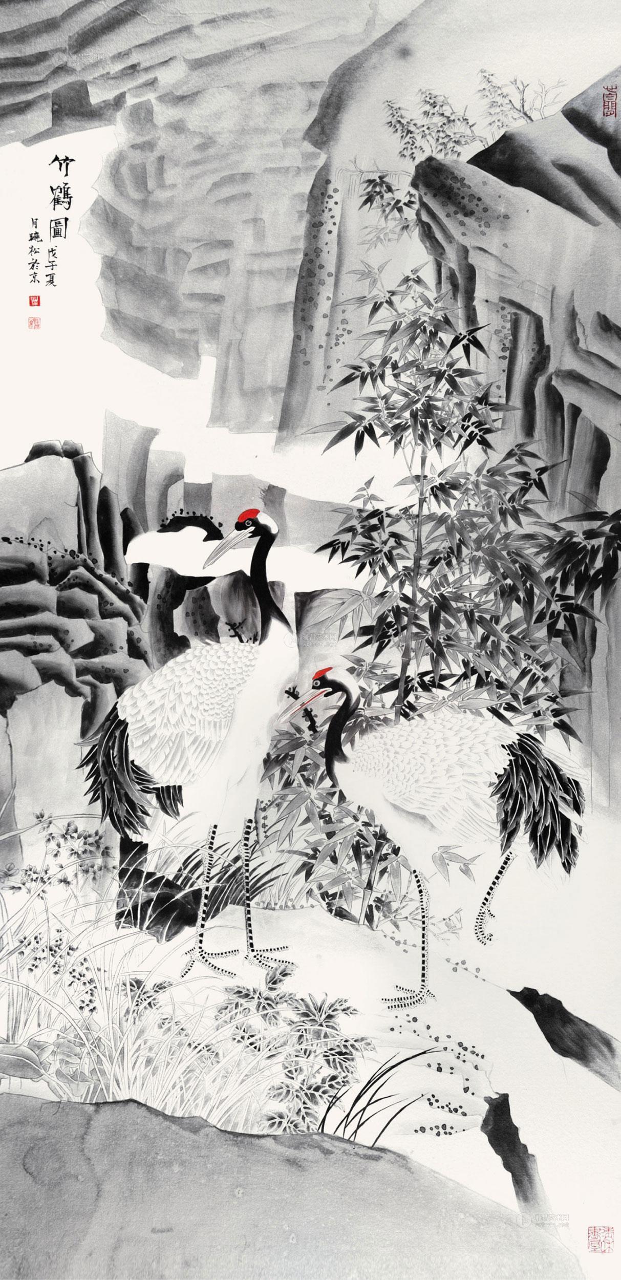 0253竹鹤图设色纸本