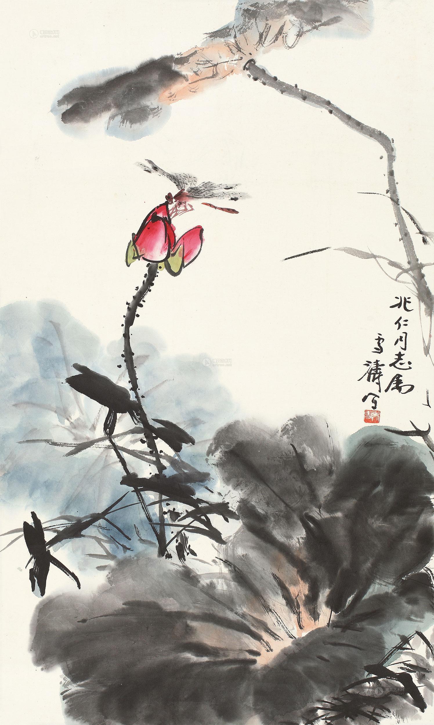 0450 荷花蜻蜓 立轴 设色纸本