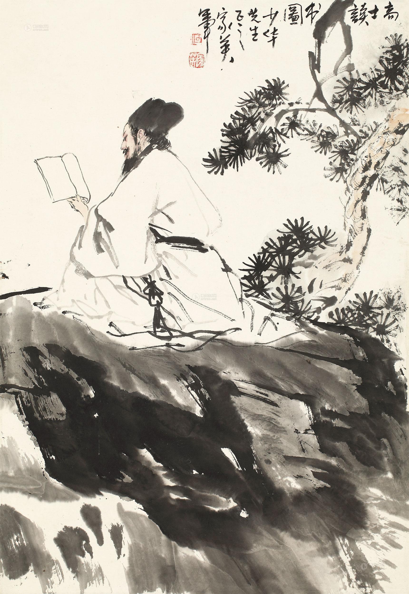 0642读书图镜框设色纸本