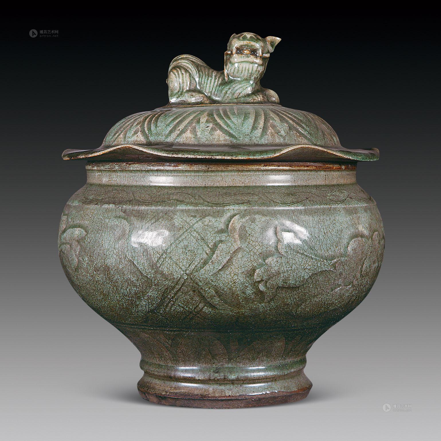 【清 龙泉窑剔花兽纽荷叶盖罐】拍卖品_图片_价格_鉴赏_清代单色釉