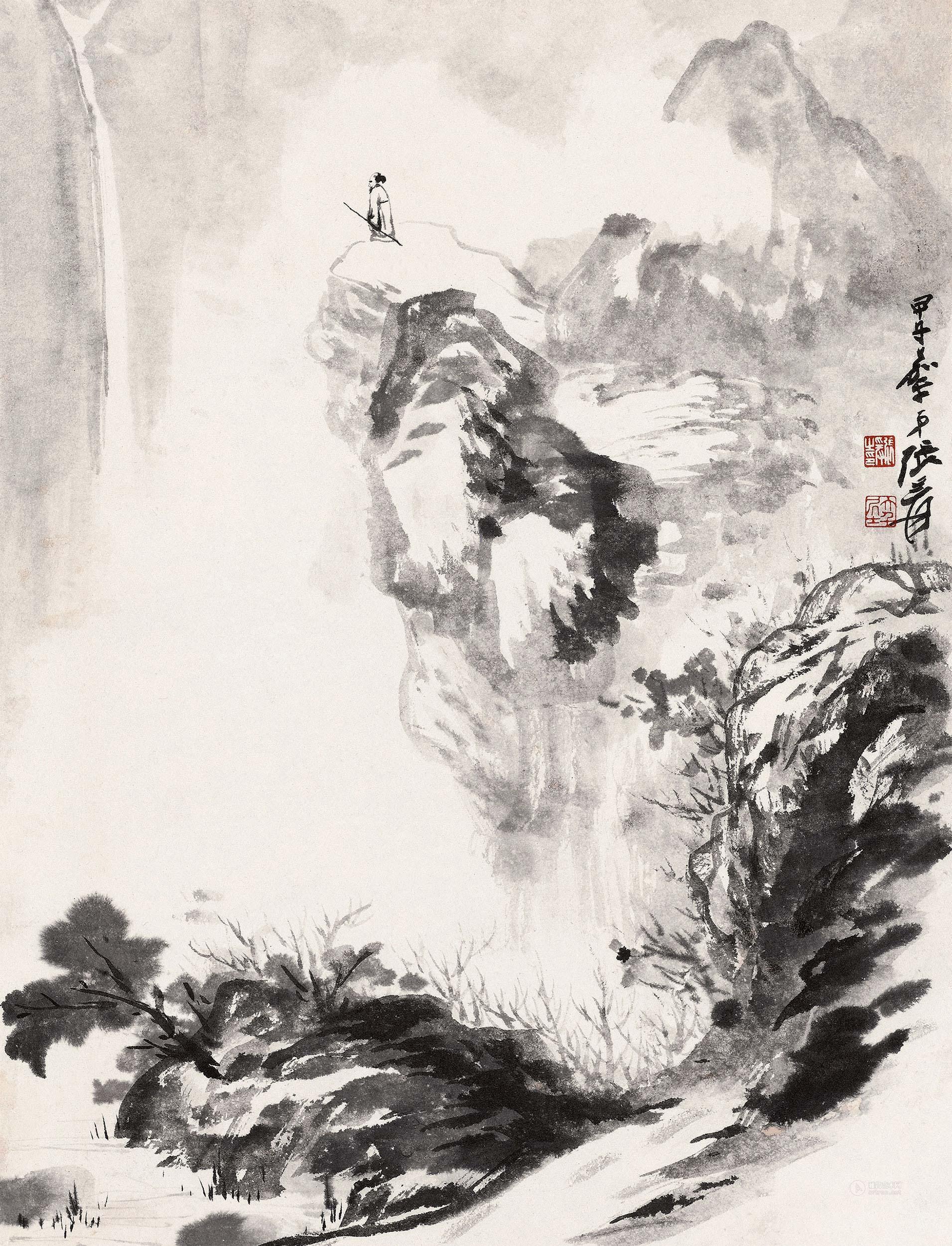 0160登高图镜框水墨纸本