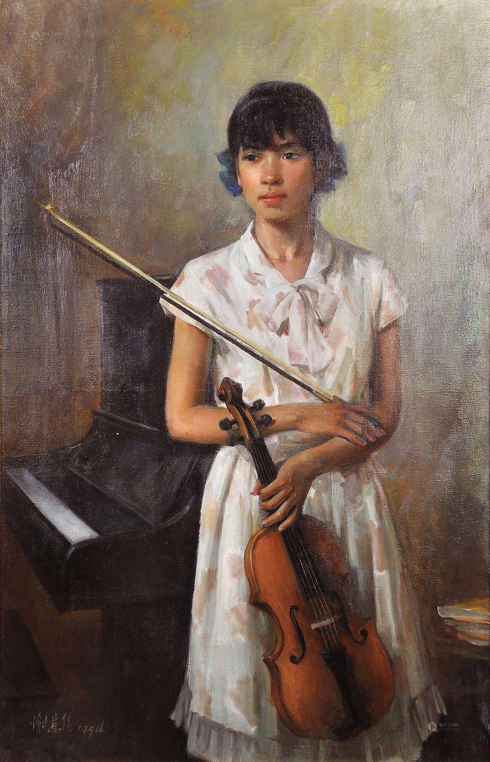 0423提琴少女油画画布木方框