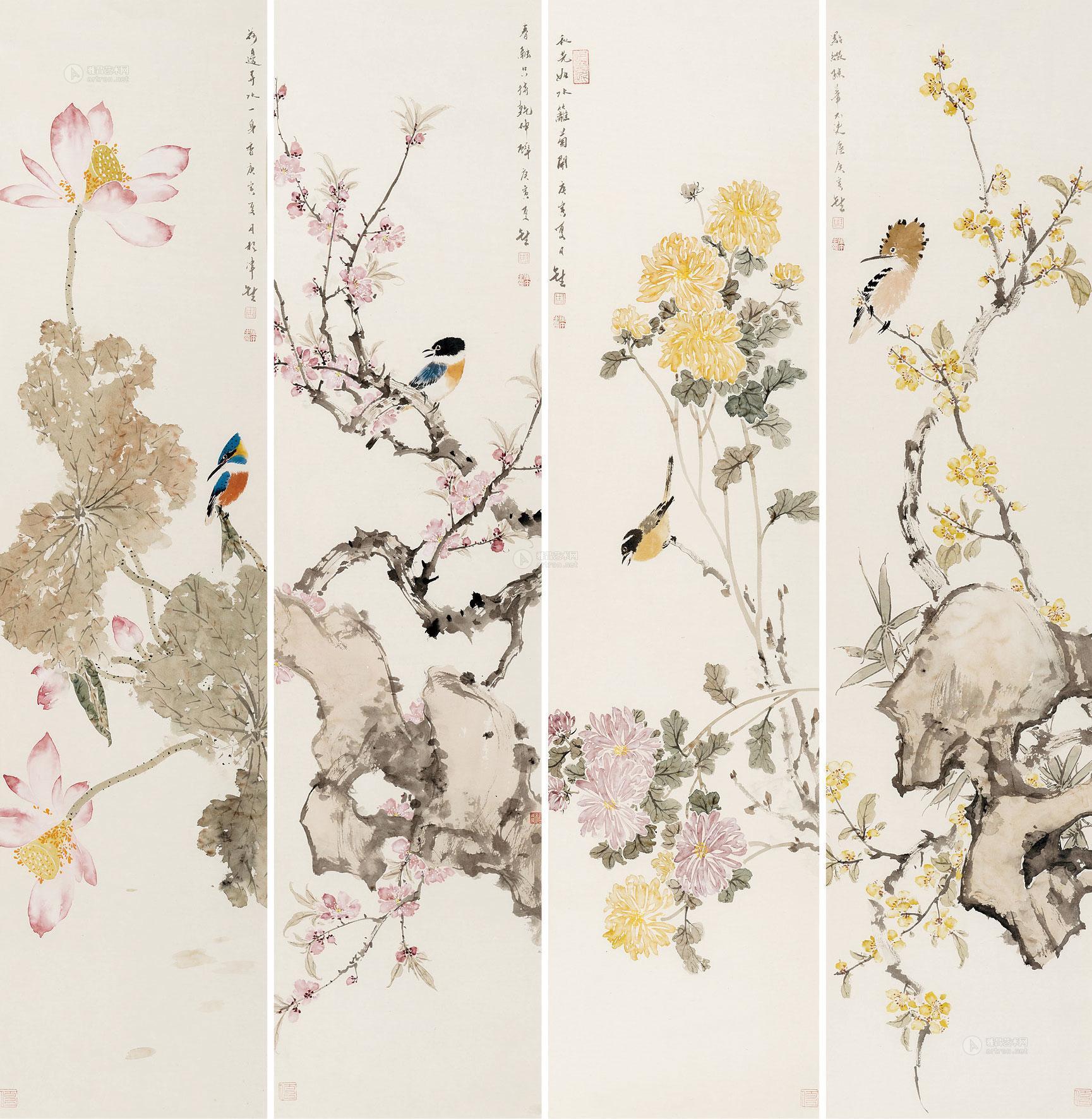 0866 花鸟 四条屏镜心 设色纸本