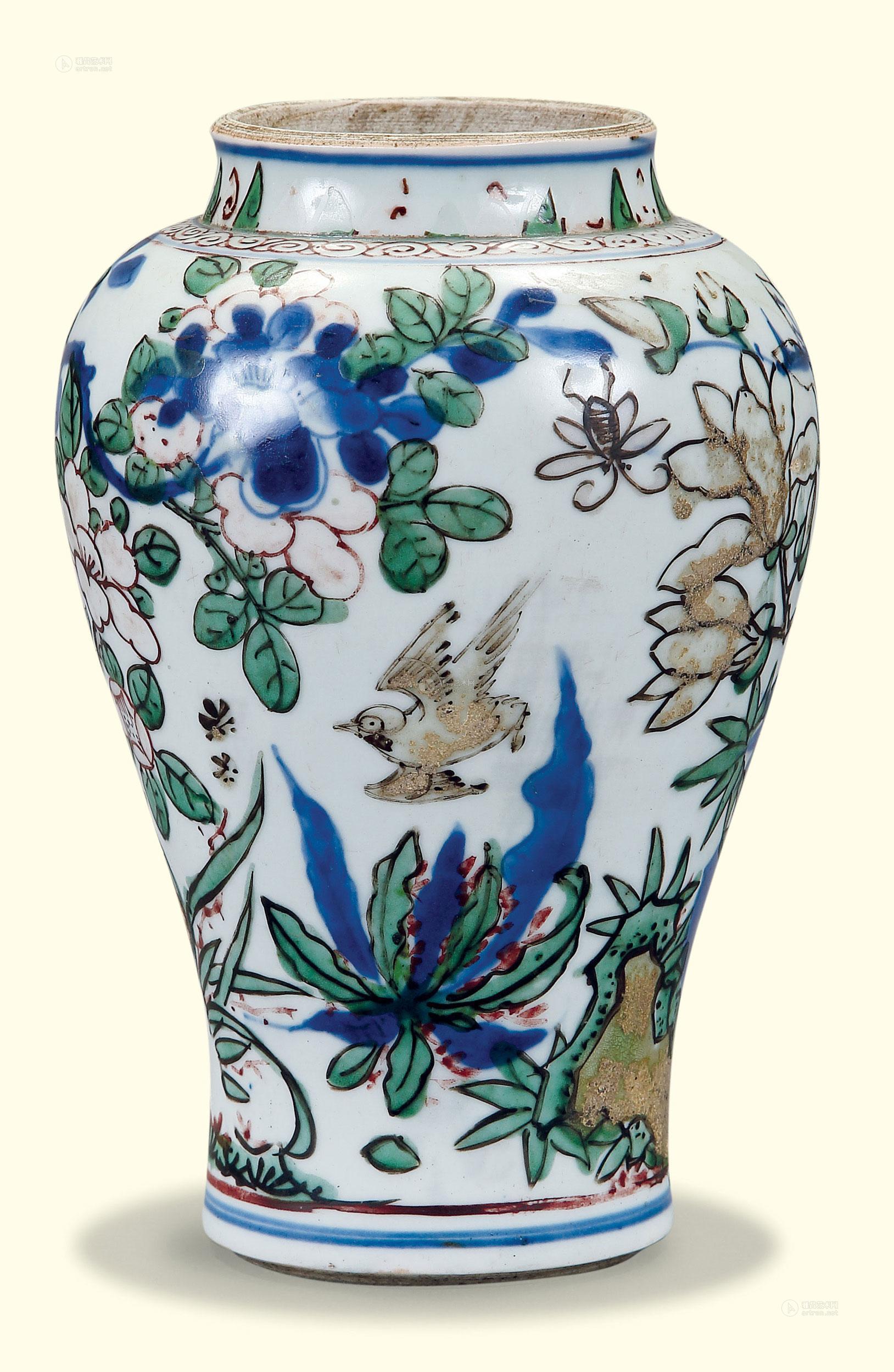 0427清康熙青花五彩花鸟罐