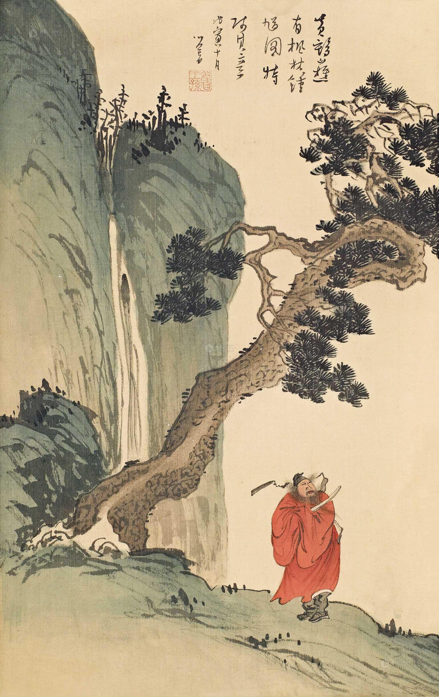 0001 戊寅(1938)年作 松阴钟馗 立轴 设色绢本