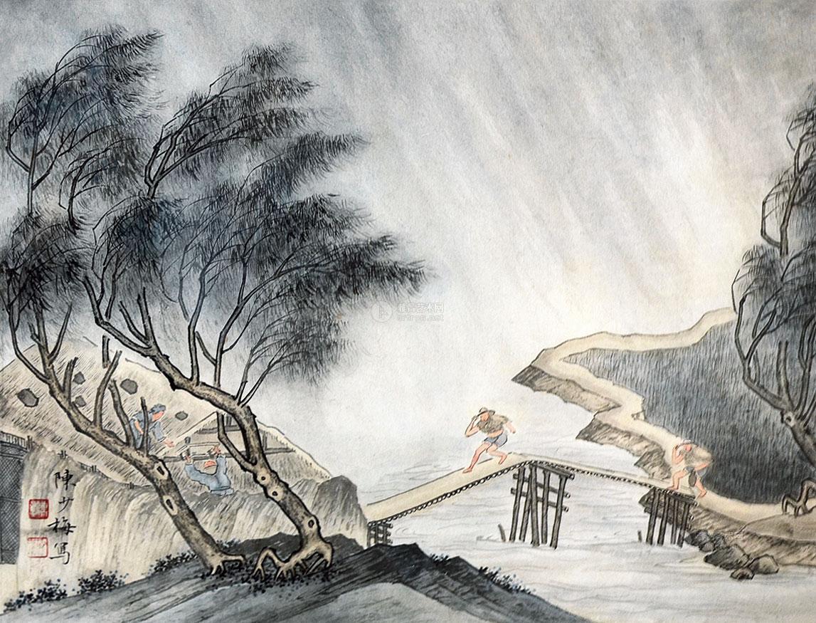 0195雨中行镜框纸本
