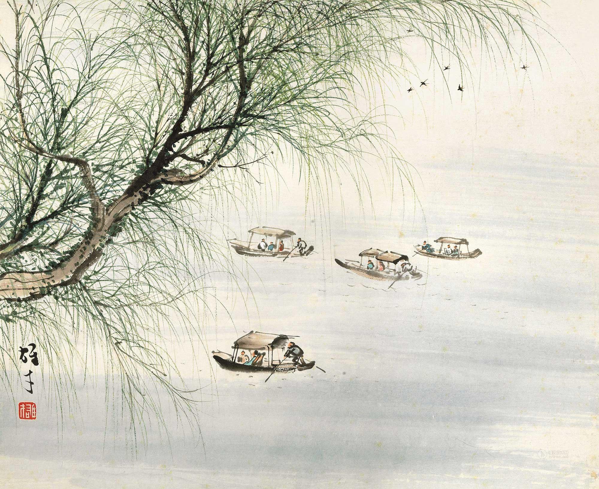 1487 柳湖泛舟 镜心 纸本