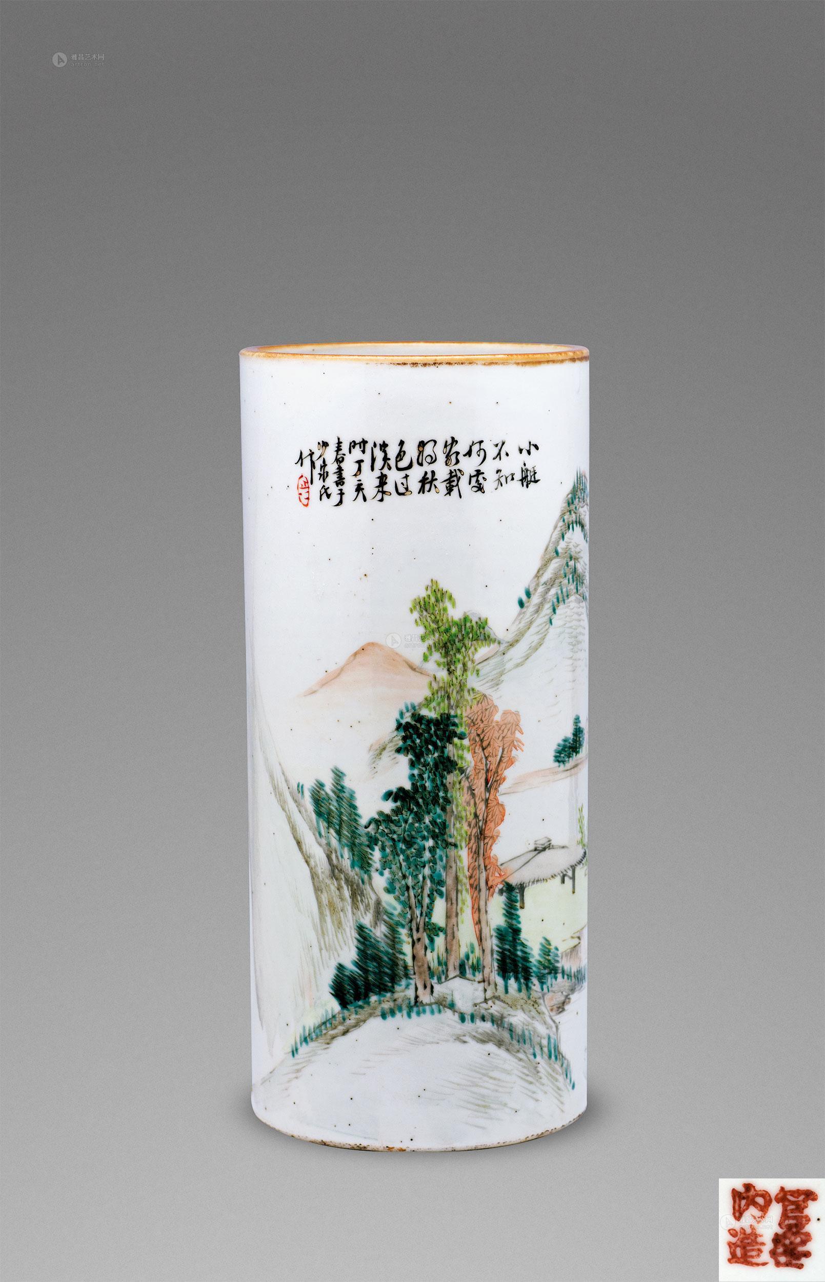 0029清朱少泉浅绛山水帽筒