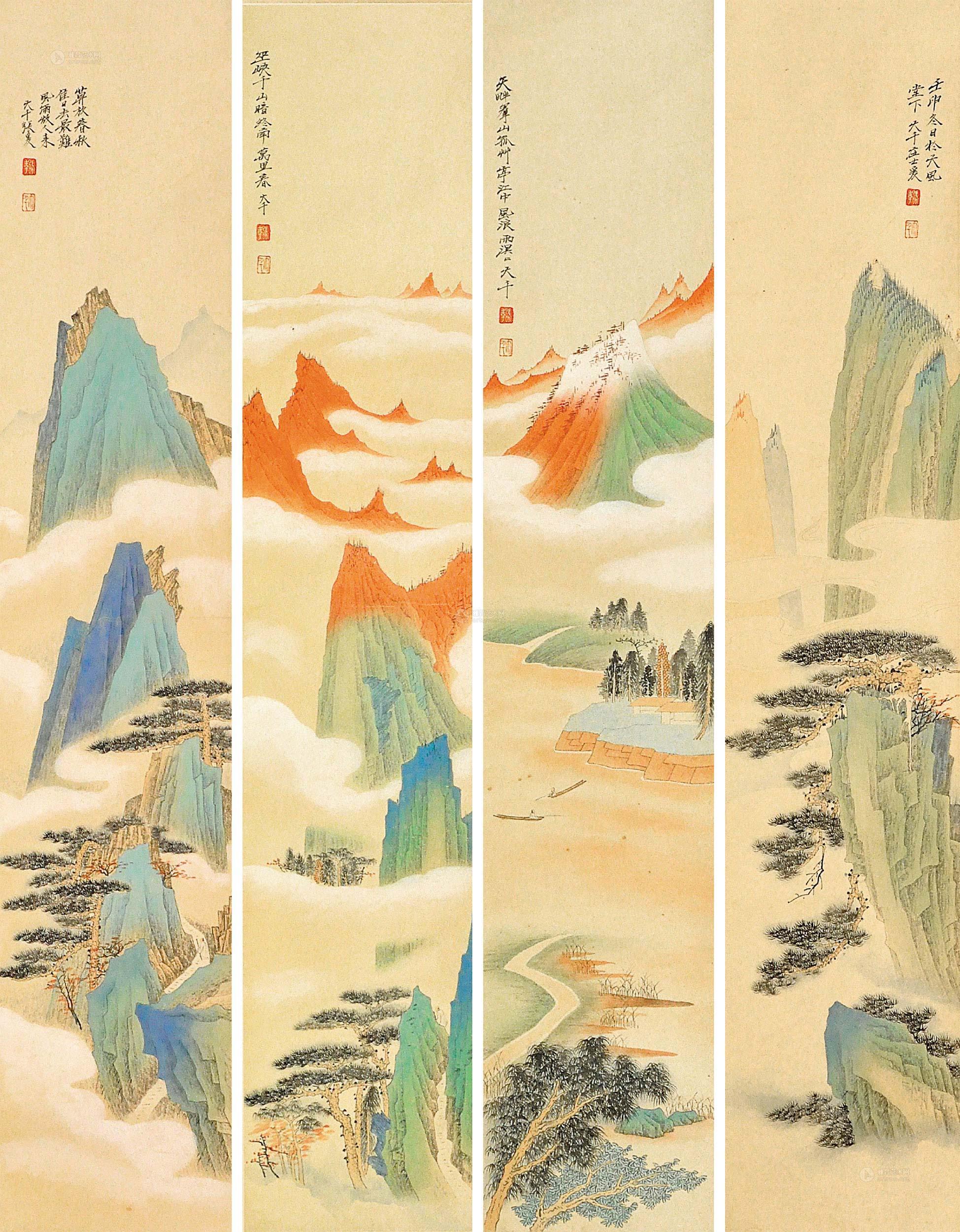 0827 青绿山水 四条屏立轴 纸本