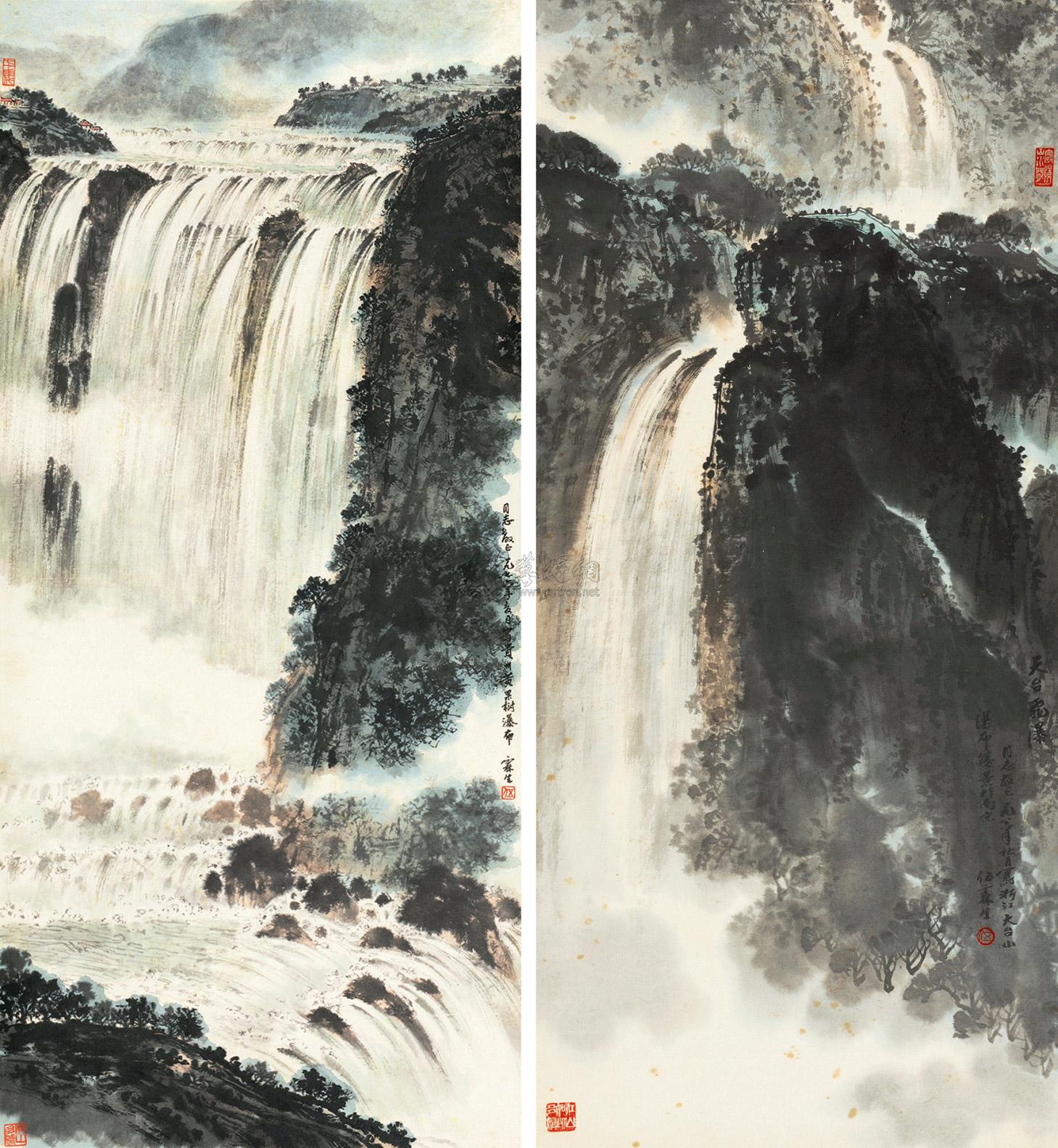 3016天台飞瀑黄果树瀑布镜心立轴设色纸本