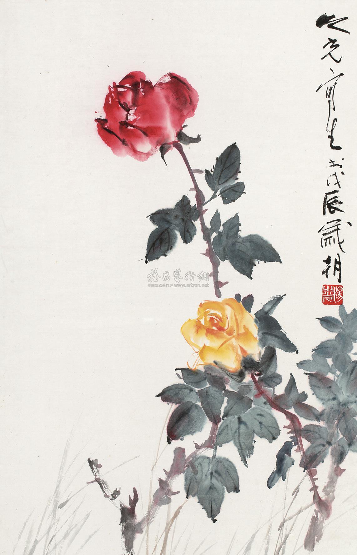 0331 戊辰(1988)年作 玫瑰花 镜框 设色纸本