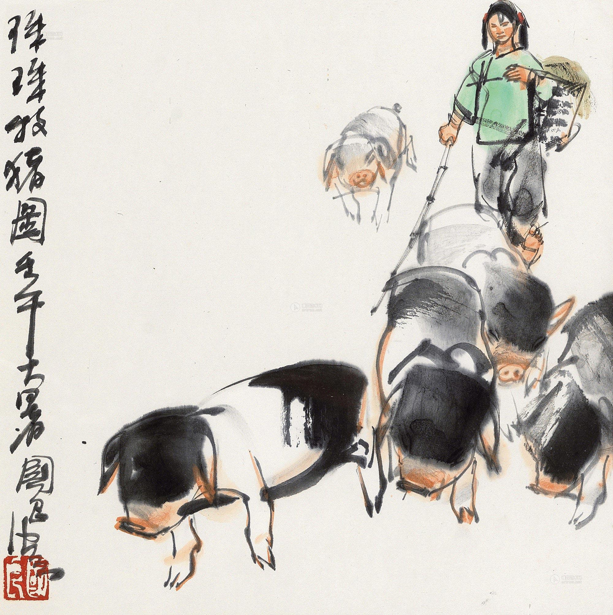 【2002年作 珠珠牧猪图 镜框 设色纸本】拍卖品_图片_价格_鉴赏_绘画