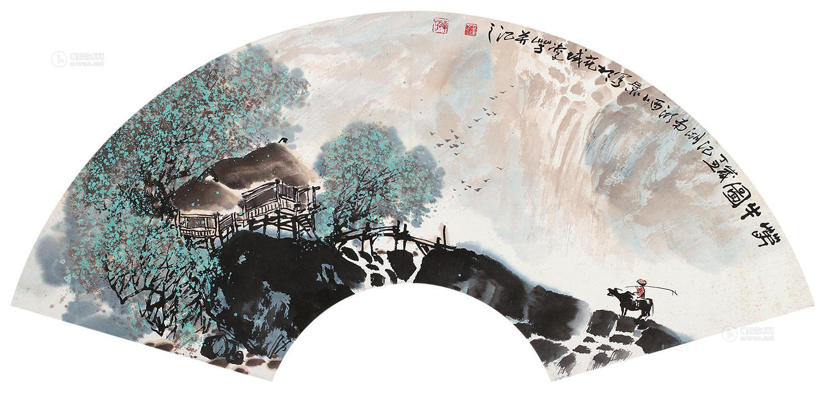 0396春牛图扇面设色纸本