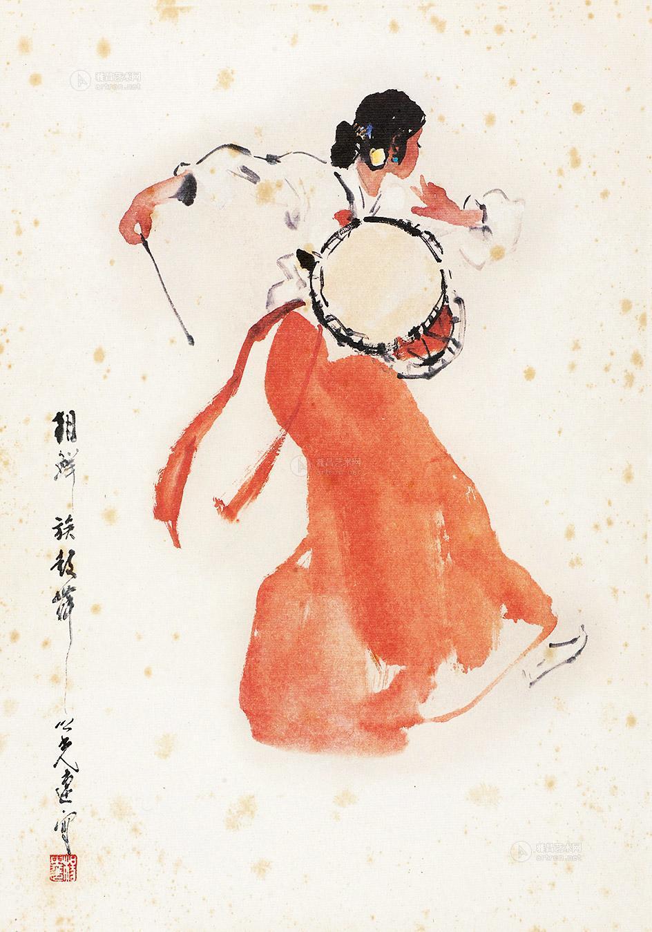 3955朝鲜族鼓舞镜心设色纸本